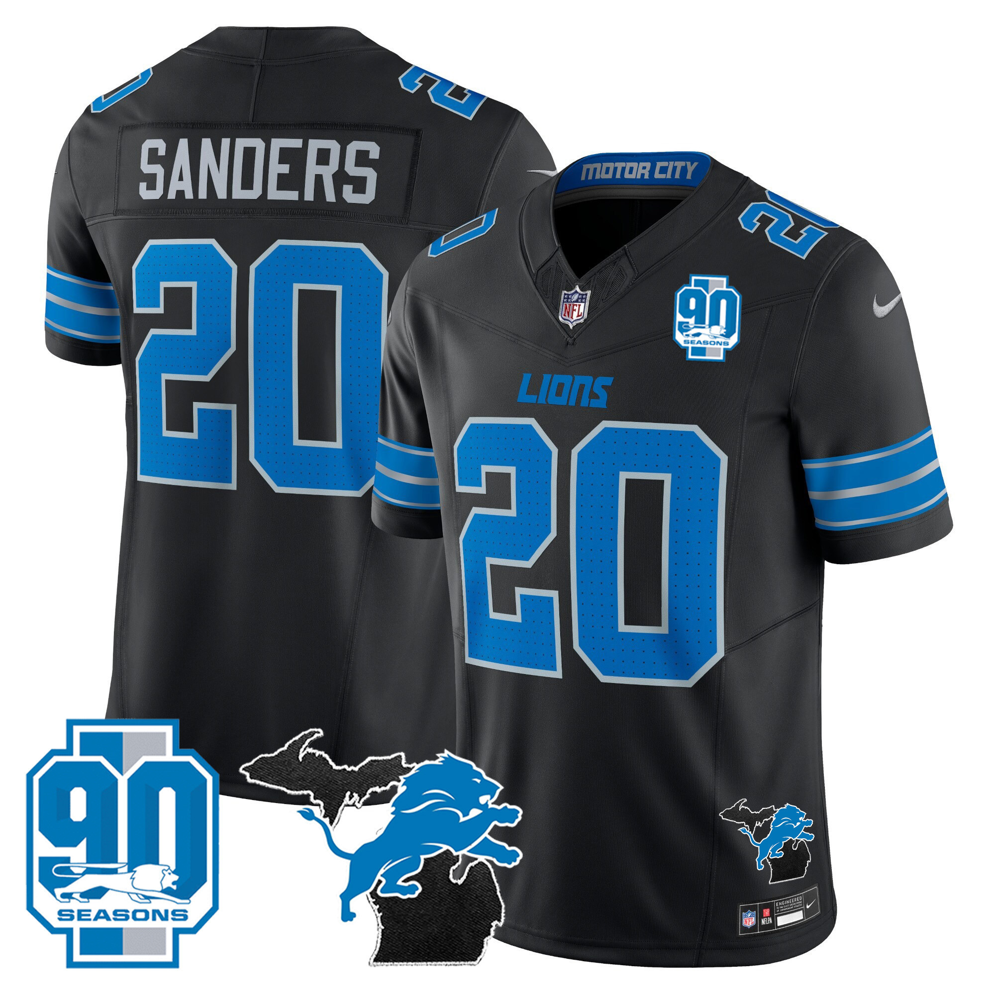 Barry Sanders Men's Detroit Lions 2024 Michigan & 90th Year Patch Vapor Black Jersey - All Stitched
