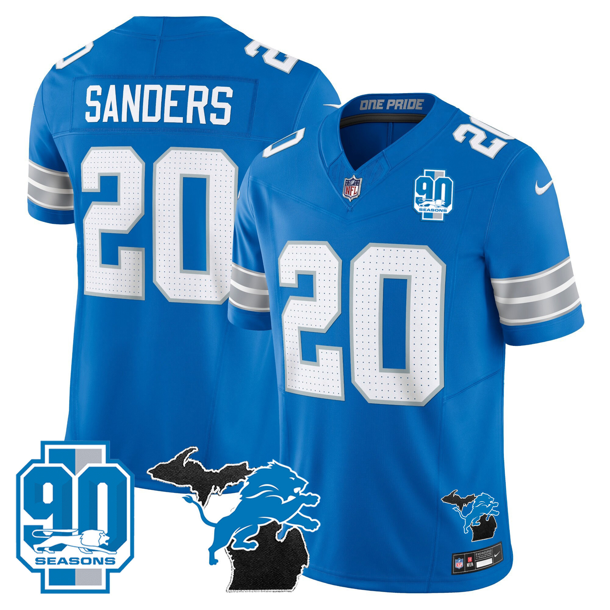 Barry Sanders Men's Detroit Lions 2024 Michigan & 90th Year Patch Vapor Blue Jersey - All Stitched