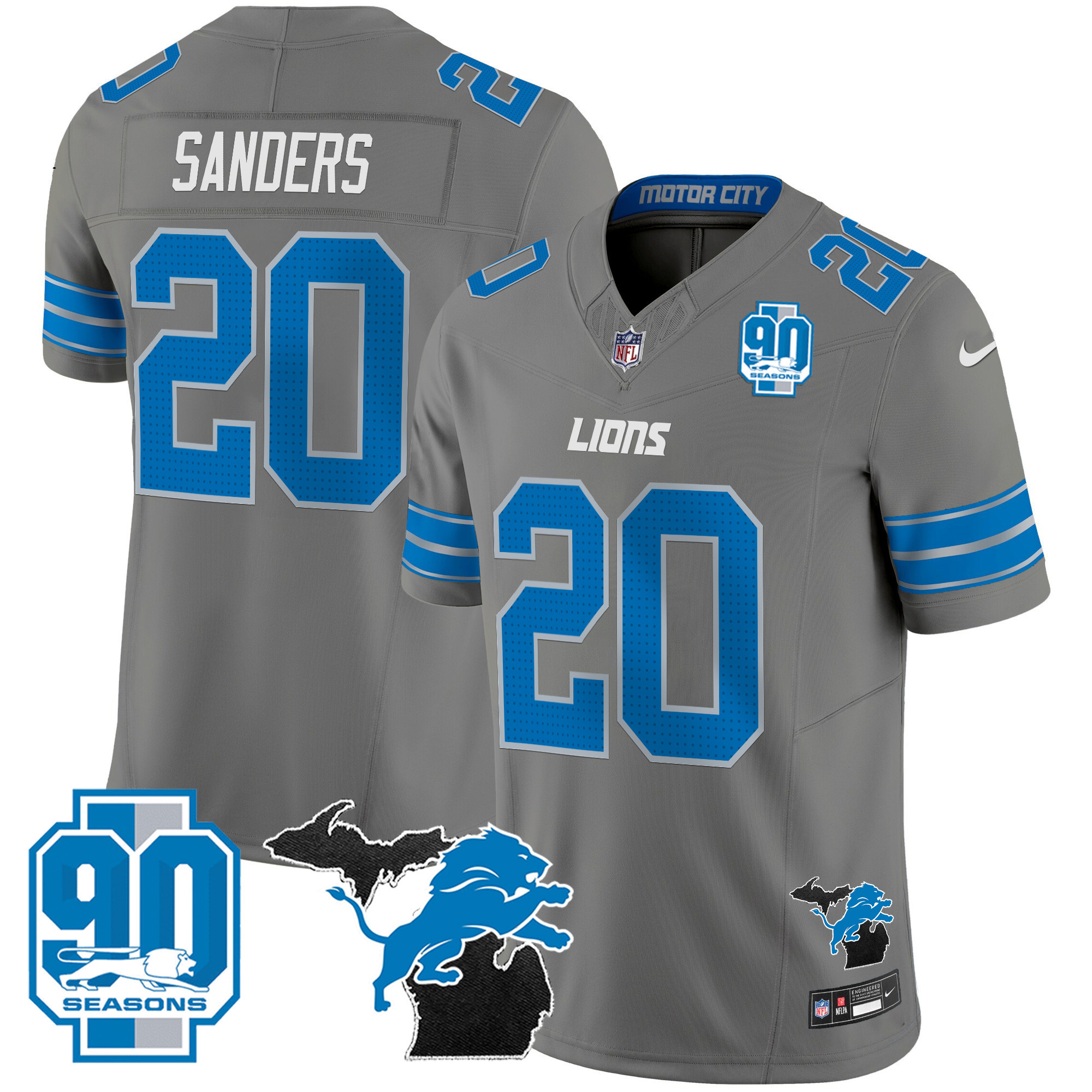 Barry Sanders Men's Detroit Lions 2024 Michigan & 90th Year Patch Vapor Gray Jersey - All Stitched