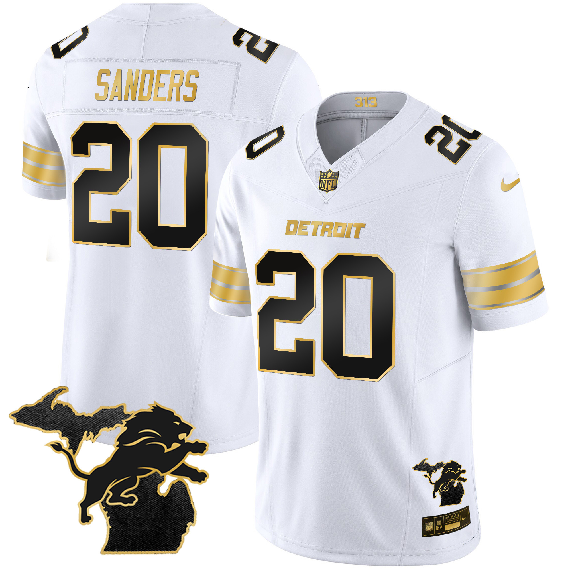 Barry Sanders Men's Detroit Lions 2024 Michigan Patch Gold Vapor White Gold Jersey - All Stitched