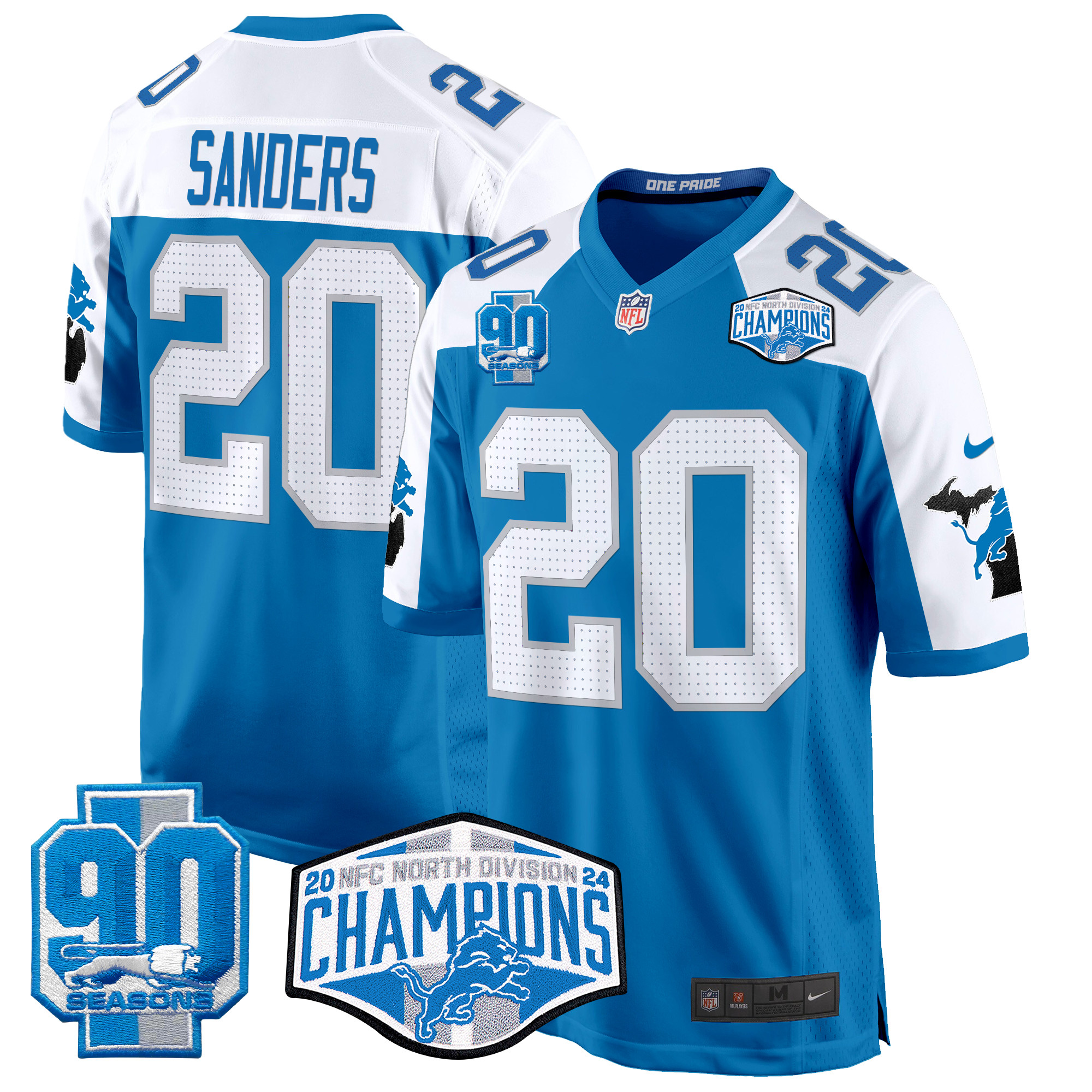 Barry Sanders Men's Detroit Lions 2024 NFC North Division Champions Patch Game Blue Alternate Jersey - All Stitched