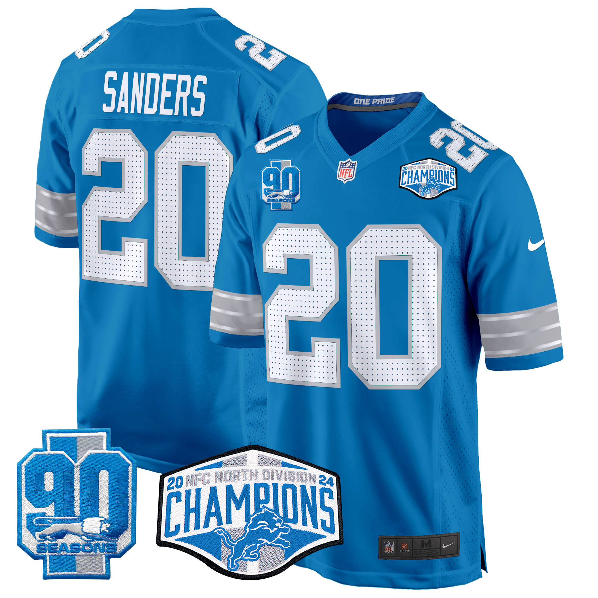Barry Sanders Men's Detroit Lions 2024 NFC North Division Champions Patch Game Blue Jersey - All Stitched