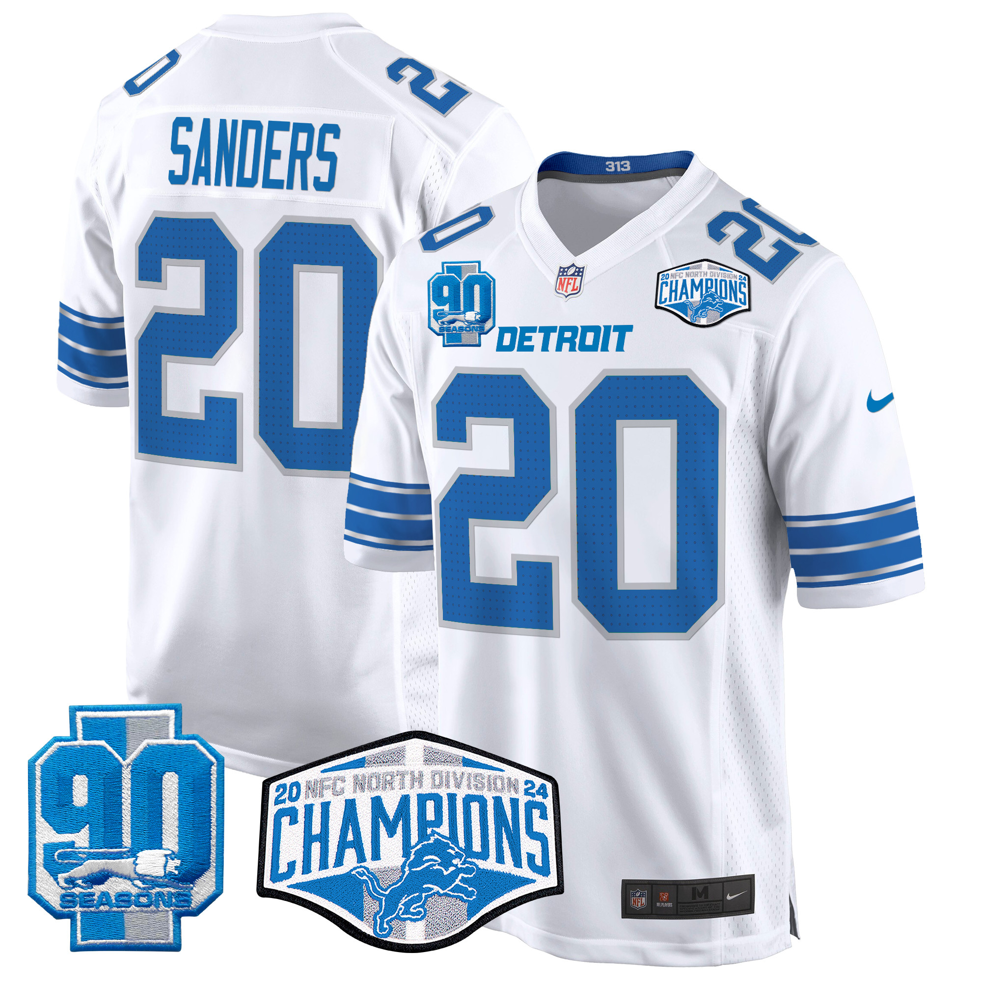 Barry Sanders Men's Detroit Lions 2024 NFC North Division Champions Patch Game White Jersey - All Stitched