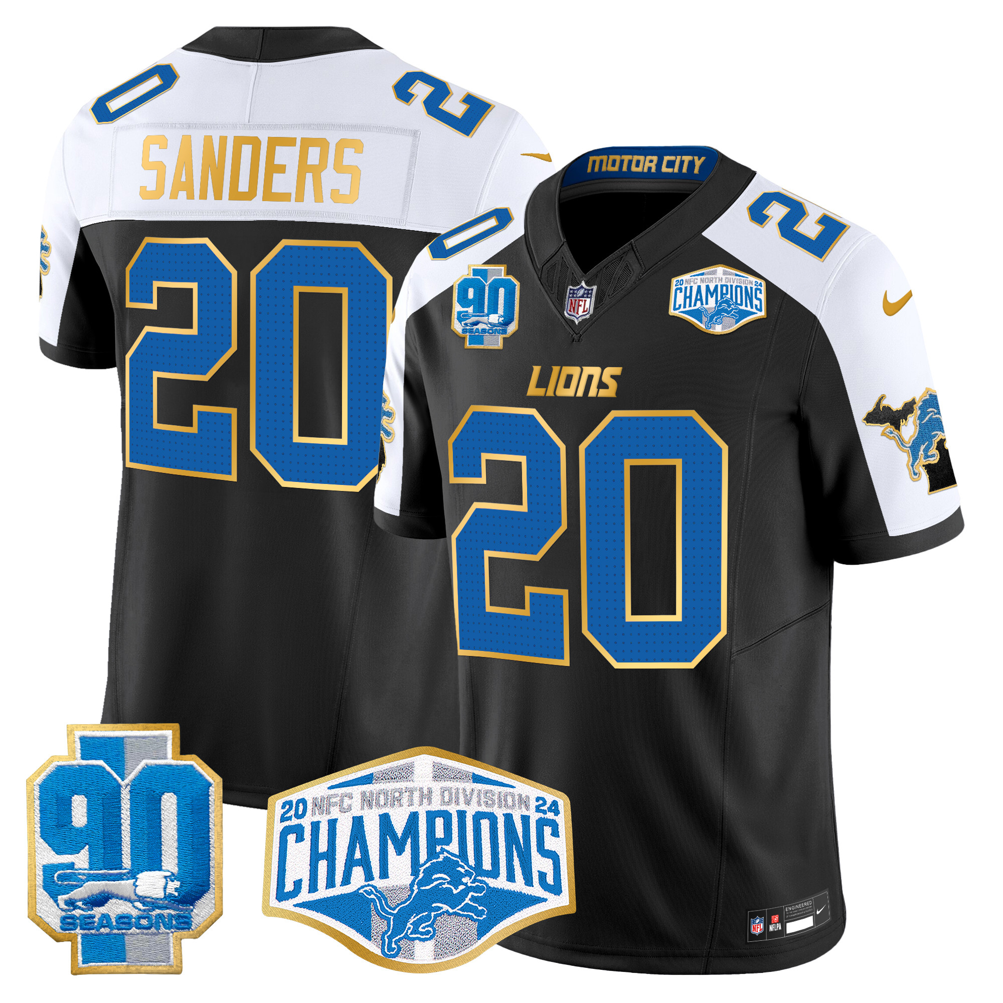 Barry Sanders Men's Detroit Lions 2024 NFC North Division Champions Patch Gold Trim Vapor Limited Black Alternate Jersey - All Stitched