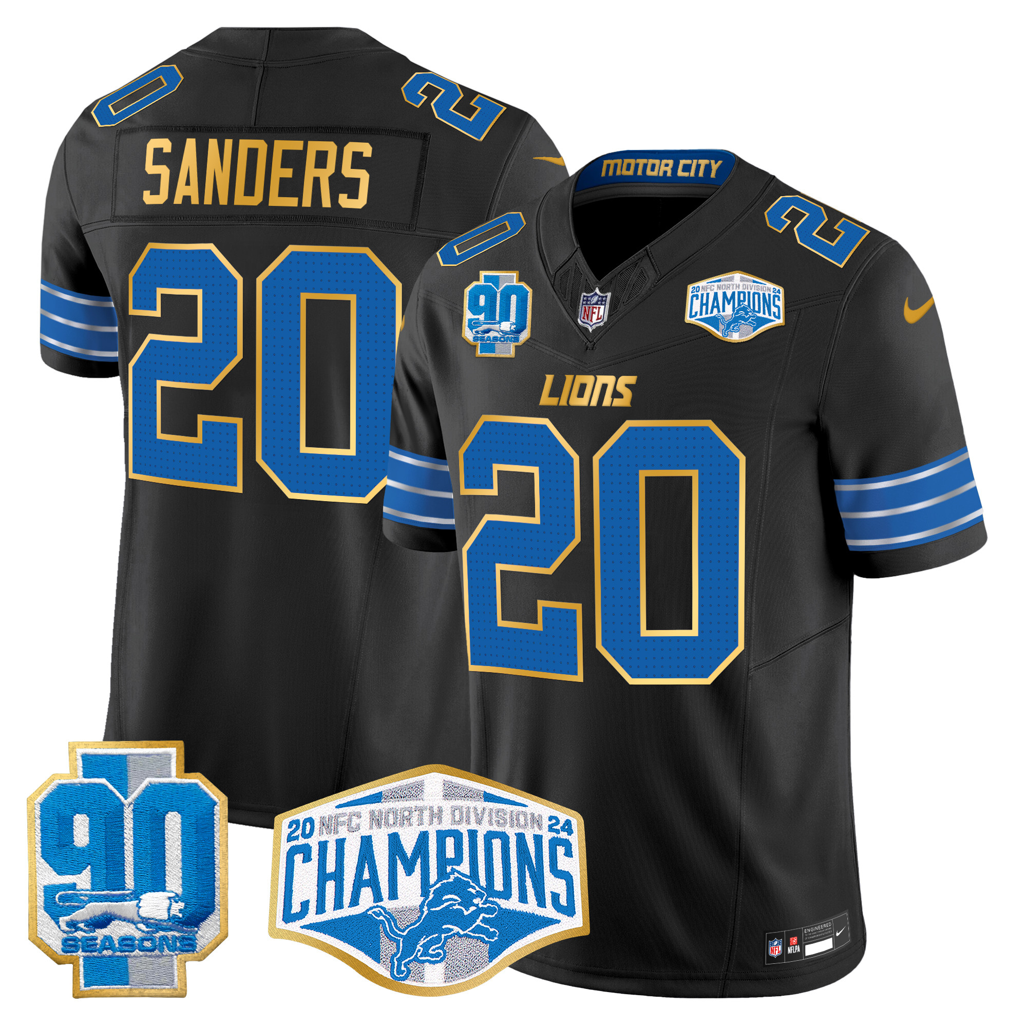 Barry Sanders Men's Detroit Lions 2024 NFC North Division Champions Patch Gold Trim Vapor Limited Black Jersey - All Stitched