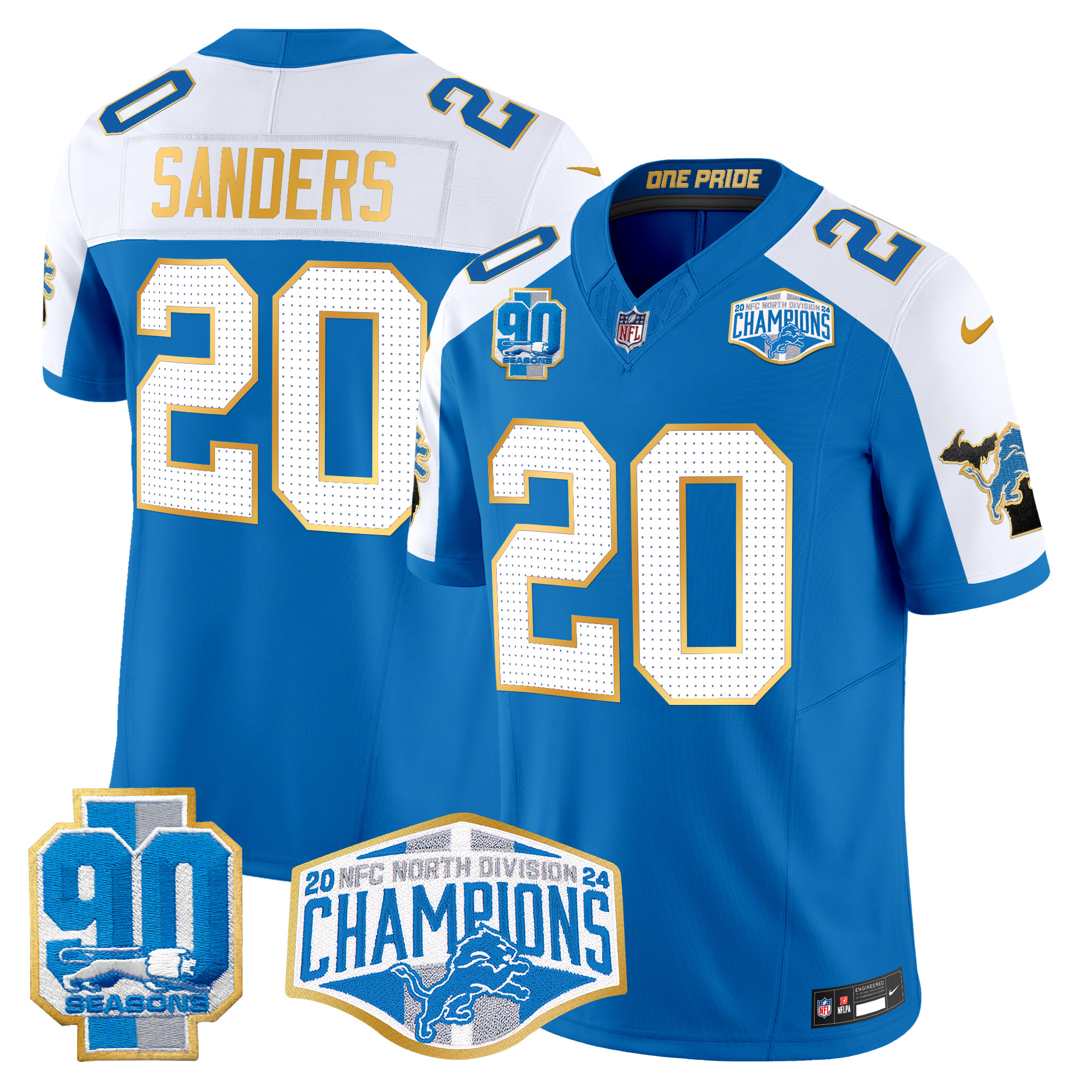 Barry Sanders Men's Detroit Lions 2024 NFC North Division Champions Patch Gold Trim Vapor Limited Blue Alternate Jersey - All Stitched