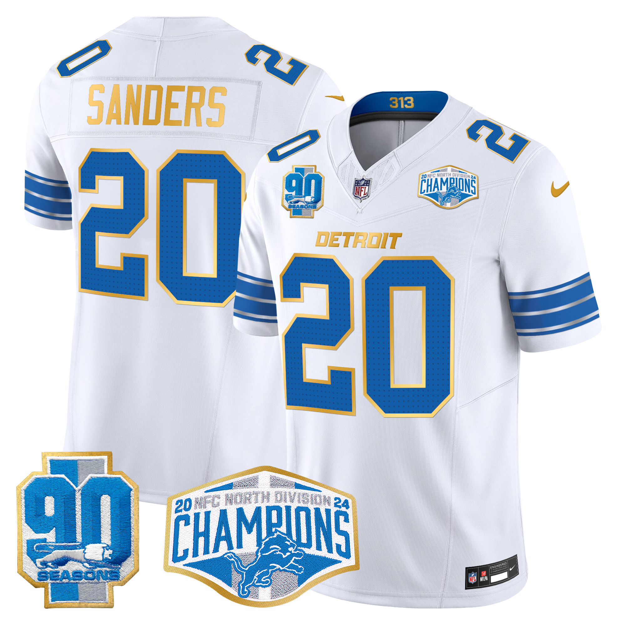 Barry Sanders Men's Detroit Lions 2024 NFC North Division Champions Patch Gold Trim Vapor Limited White Jersey - All Stitched