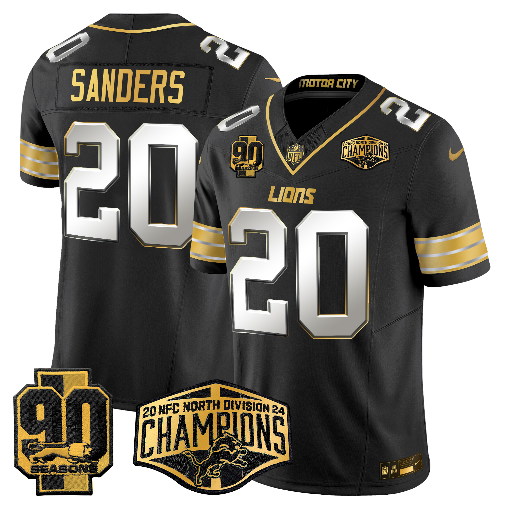 Barry Sanders Men's Detroit Lions 2024 NFC North Division Champions Patch Gold Vapor Limited Black Limited Jersey - All Stitched