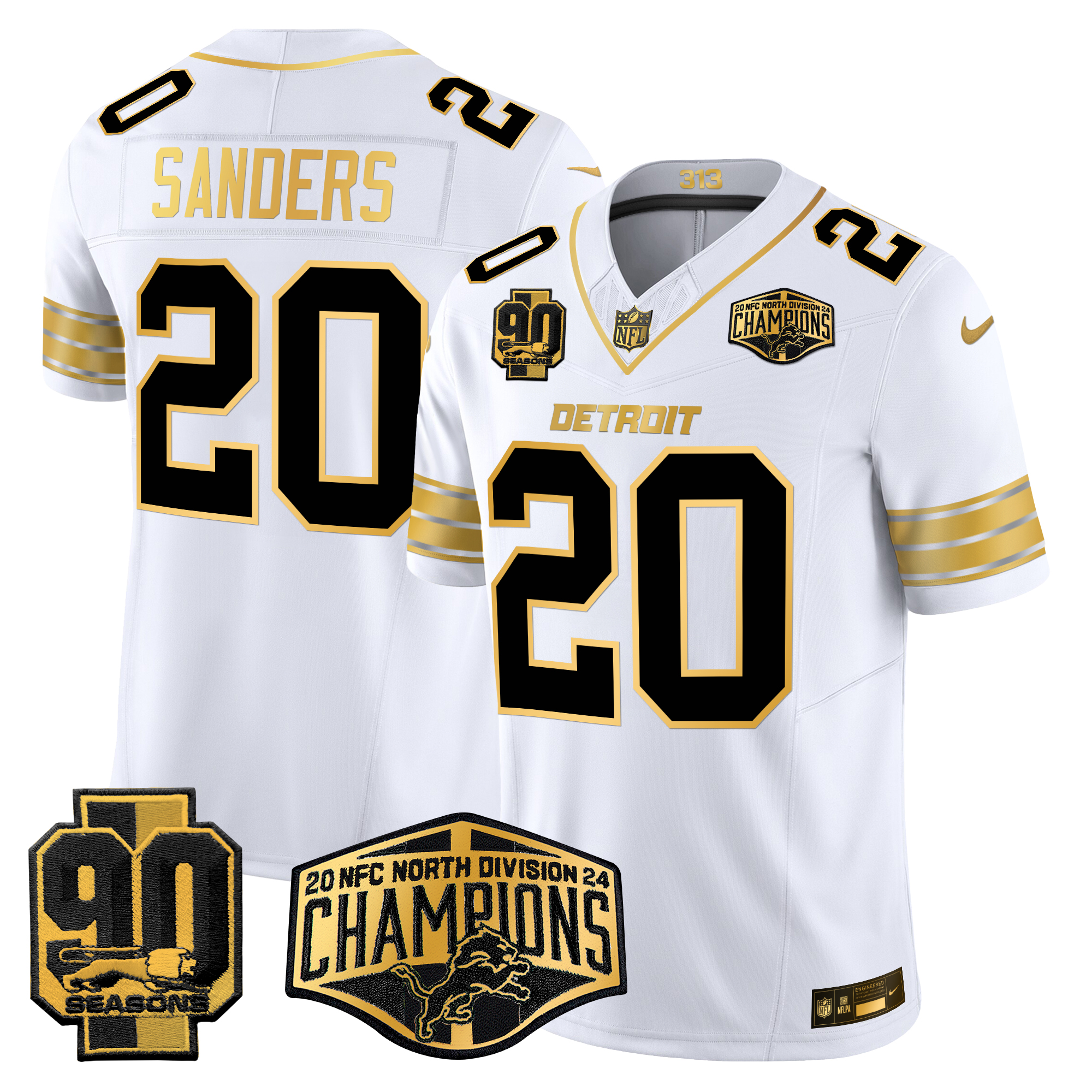 Barry Sanders Men's Detroit Lions 2024 NFC North Division Champions Patch Gold Vapor Limited White Gold Jersey - All Stitched