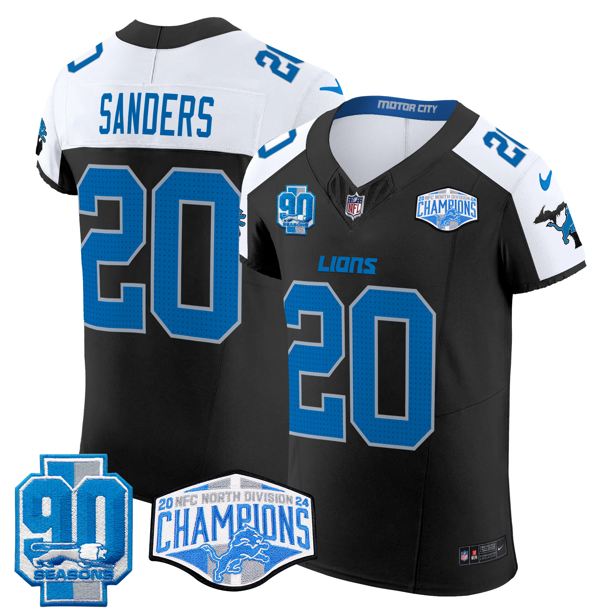 Barry Sanders Men's Detroit Lions 2024 NFC North Division Champions Patch Vapor Elite Black Alternate Jersey - All Stitched