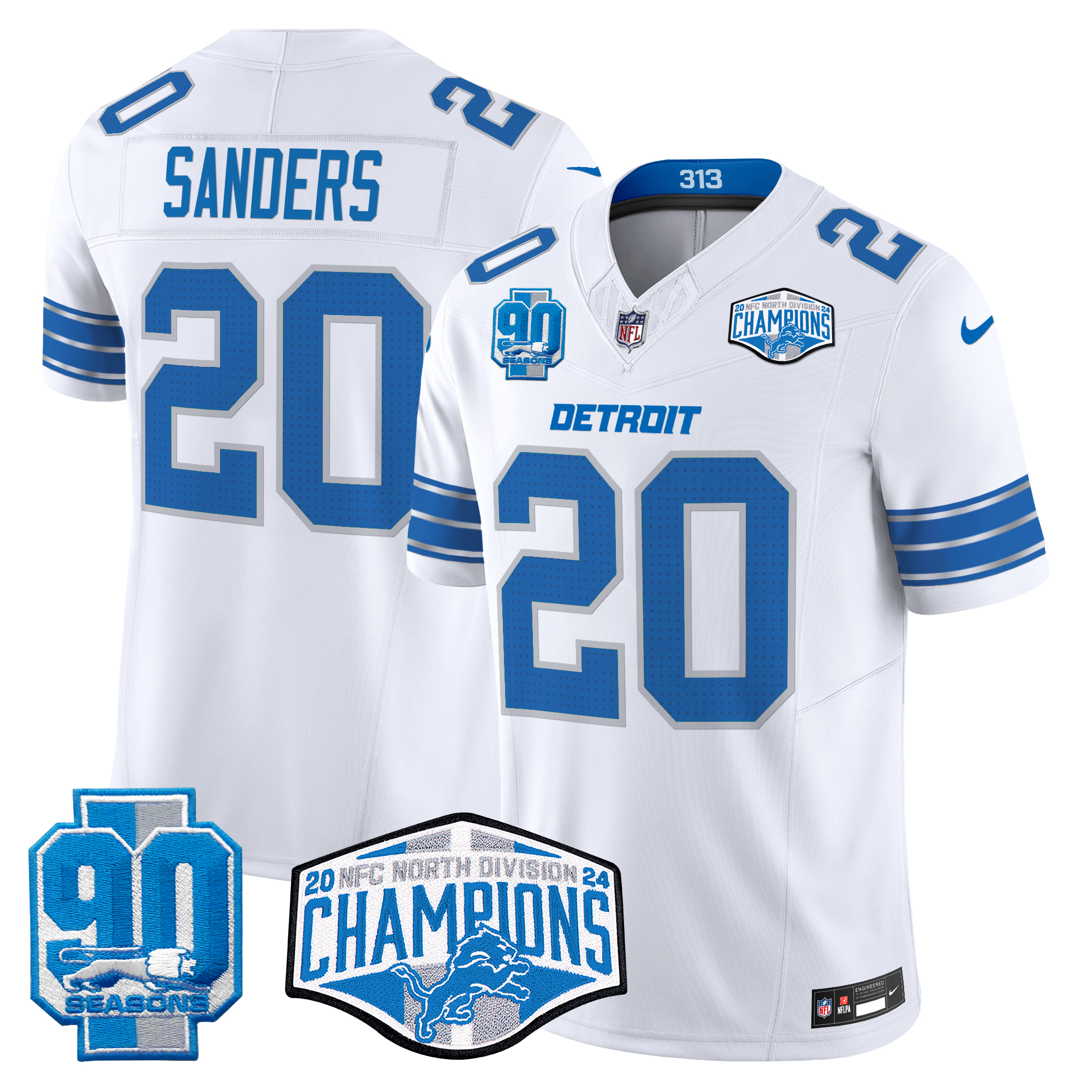 Barry Sanders Men's Detroit Lions 2024 NFC North Division Champions Patch Vapor Limited White Jersey - All Stitched
