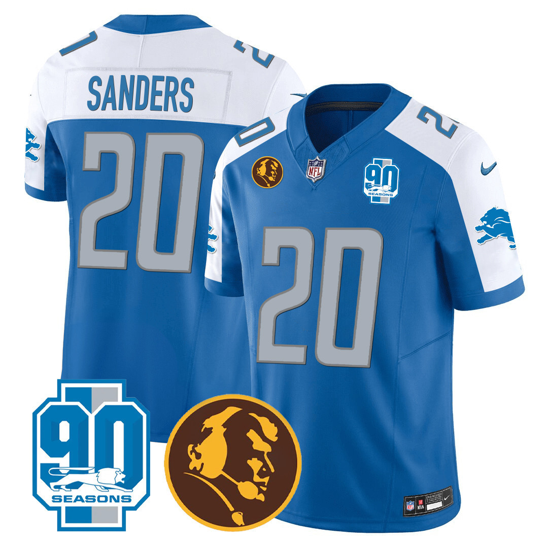 Barry Sanders Men's Detroit Lions 90th & John Madden Patch Blue Alternate Jersey - All Stitched