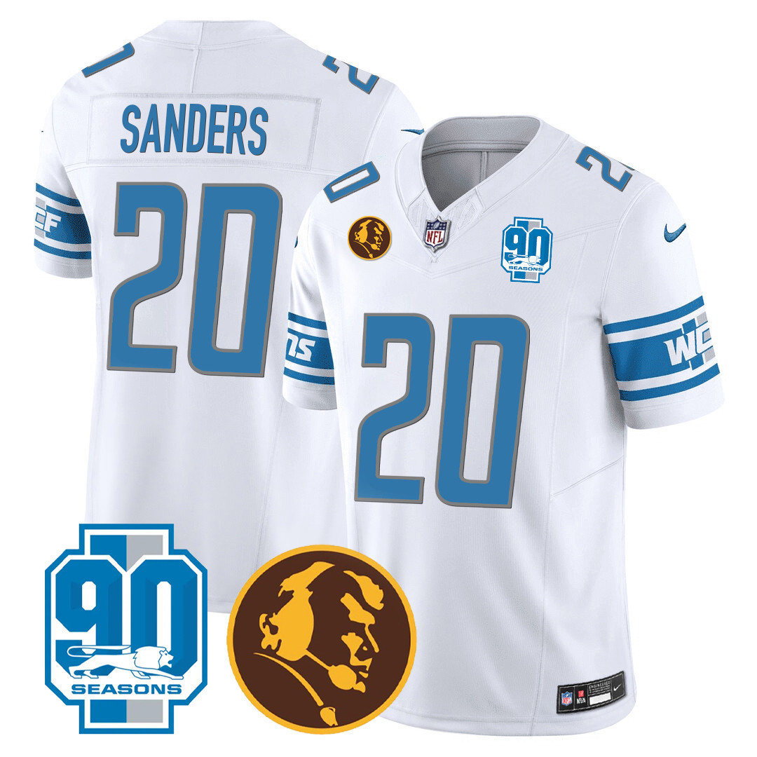 Barry Sanders Men's Detroit Lions 90th & John Madden Patch White Jersey - All Stitched