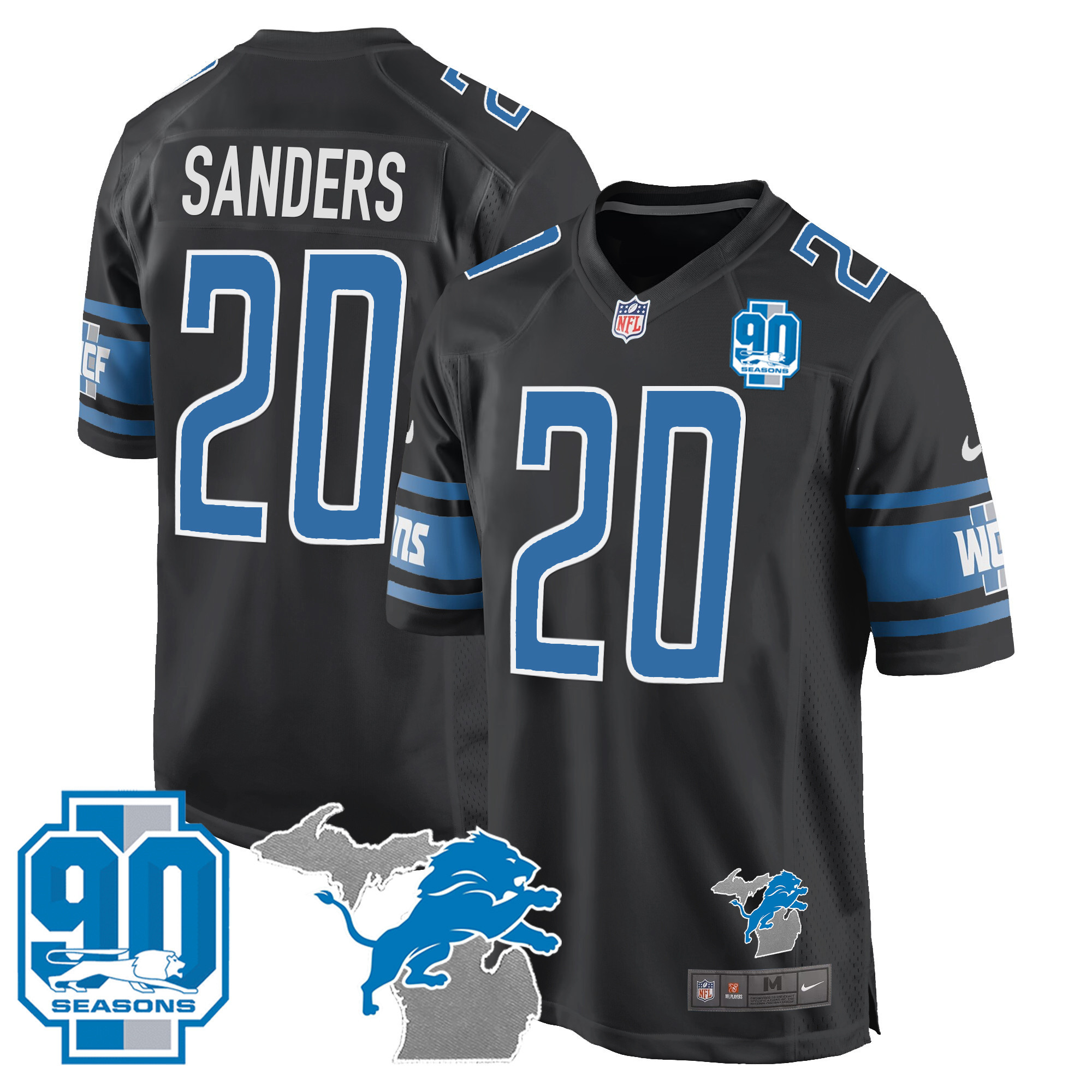 Barry Sanders Men's Detroit Lions 90th Year & Michigan Patch Game Black Jersey - All Stitched