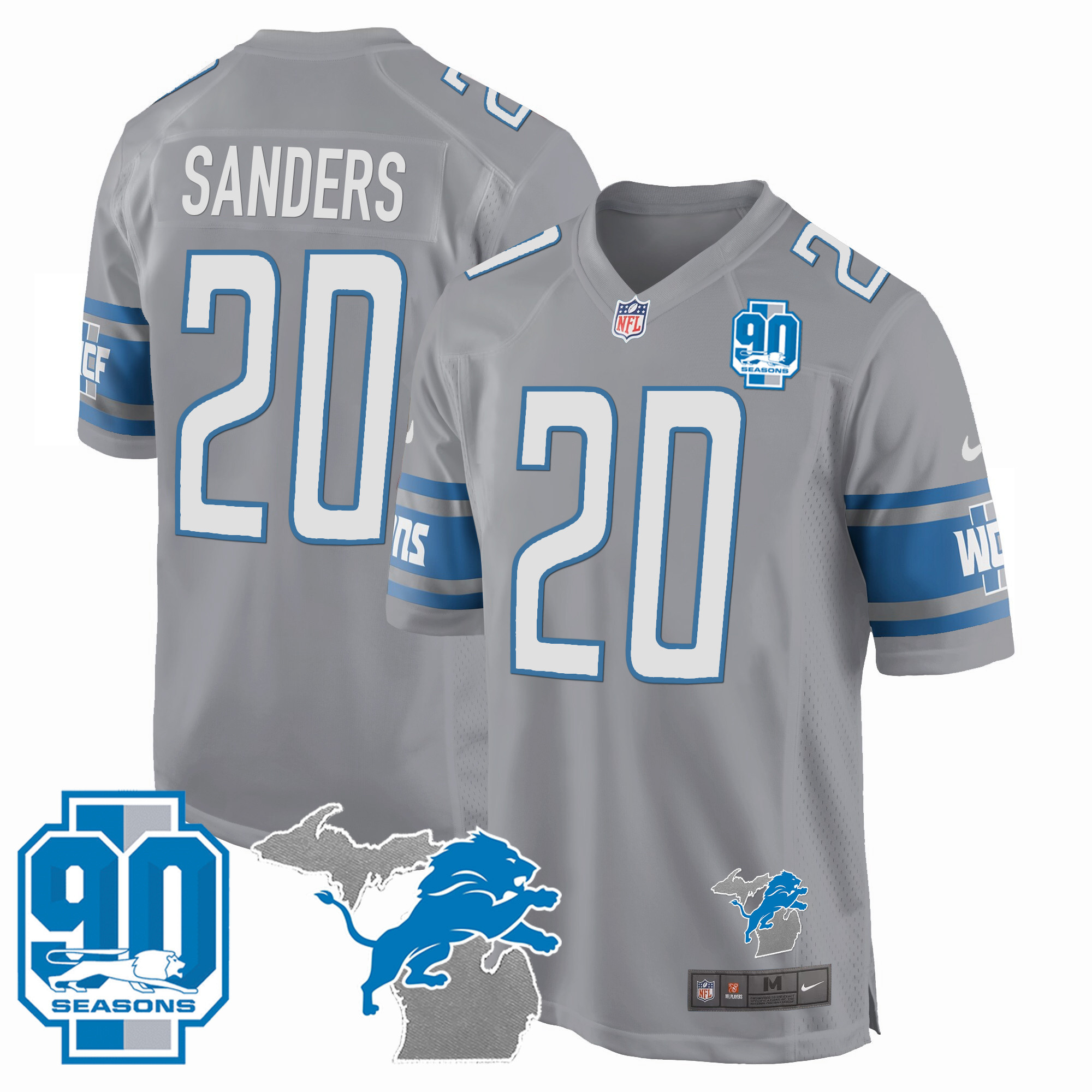Barry Sanders Men's Detroit Lions 90th Year & Michigan Patch Game Gray Jersey - All Stitched