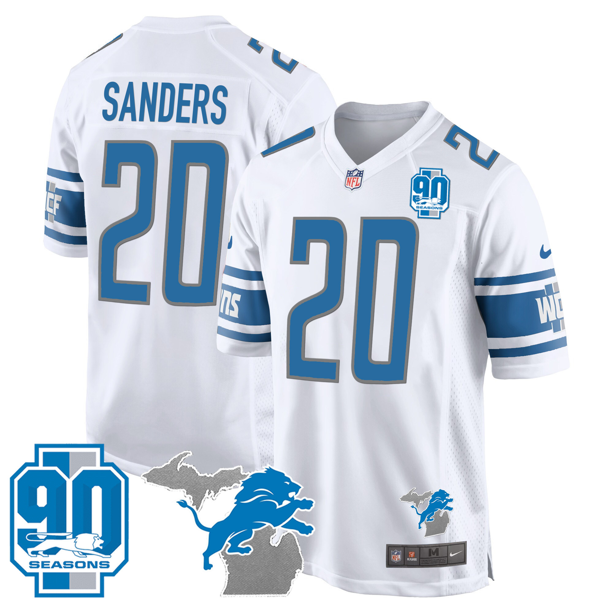 Barry Sanders Men's Detroit Lions 90th Year & Michigan Patch Game White Jersey - All Stitched