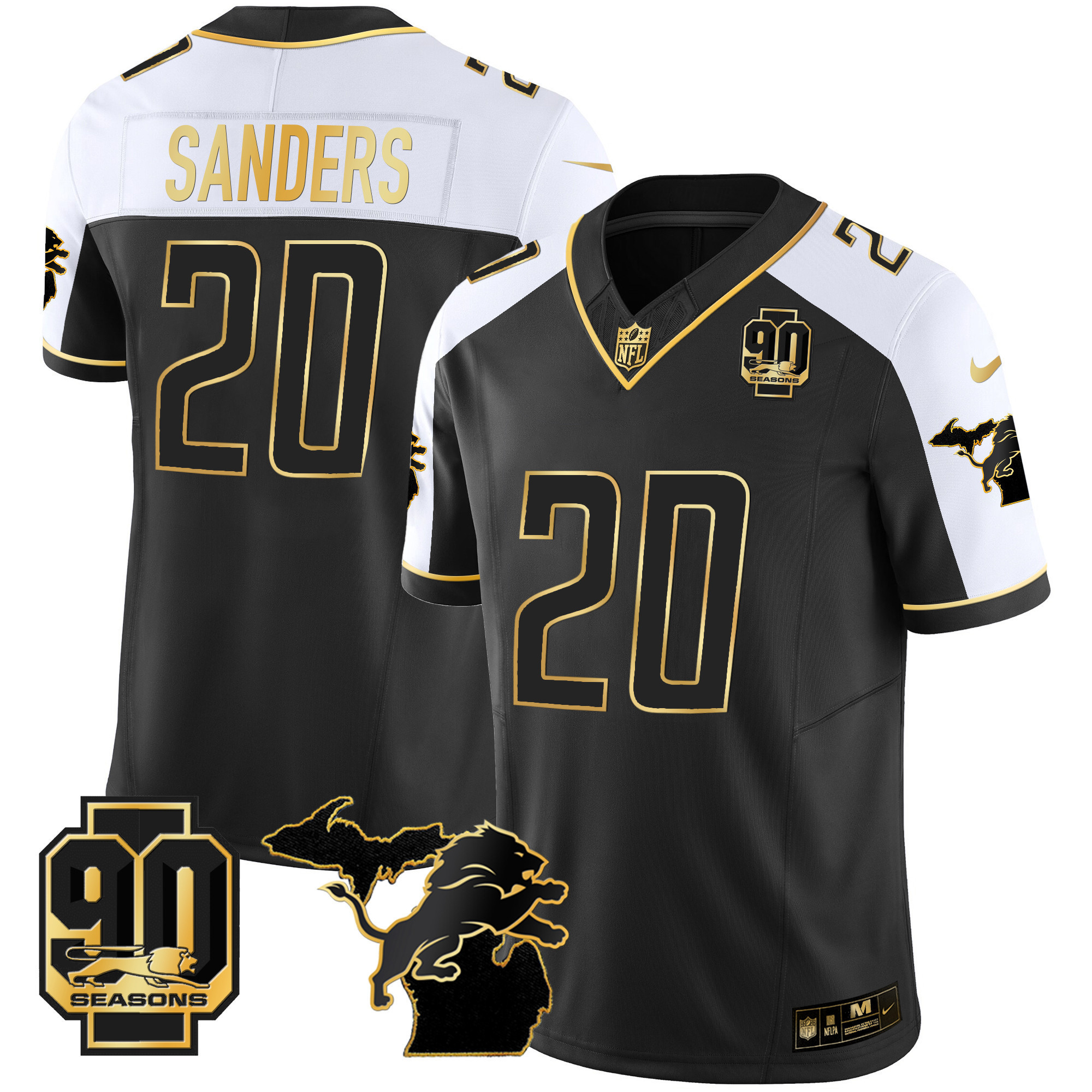 Barry Sanders Men's Detroit Lions 90th Year & Michigan Patch Gold Vapor Alternate Jersey - All Stitched