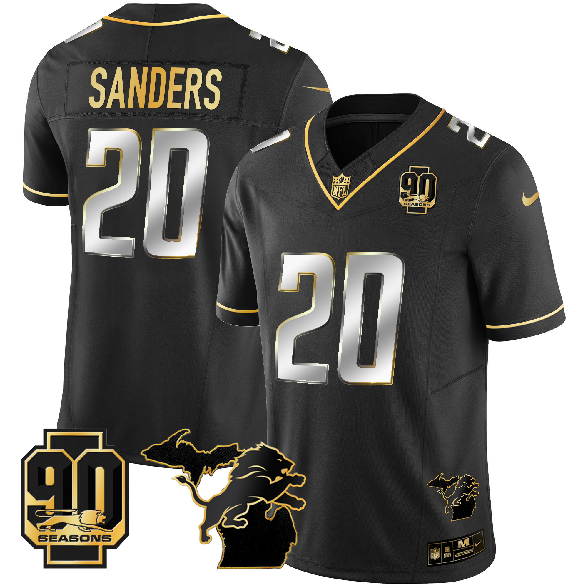 Barry Sanders Men's Detroit Lions 90th Year & Michigan Patch Gold Vapor Black Limited Jersey - All Stitched