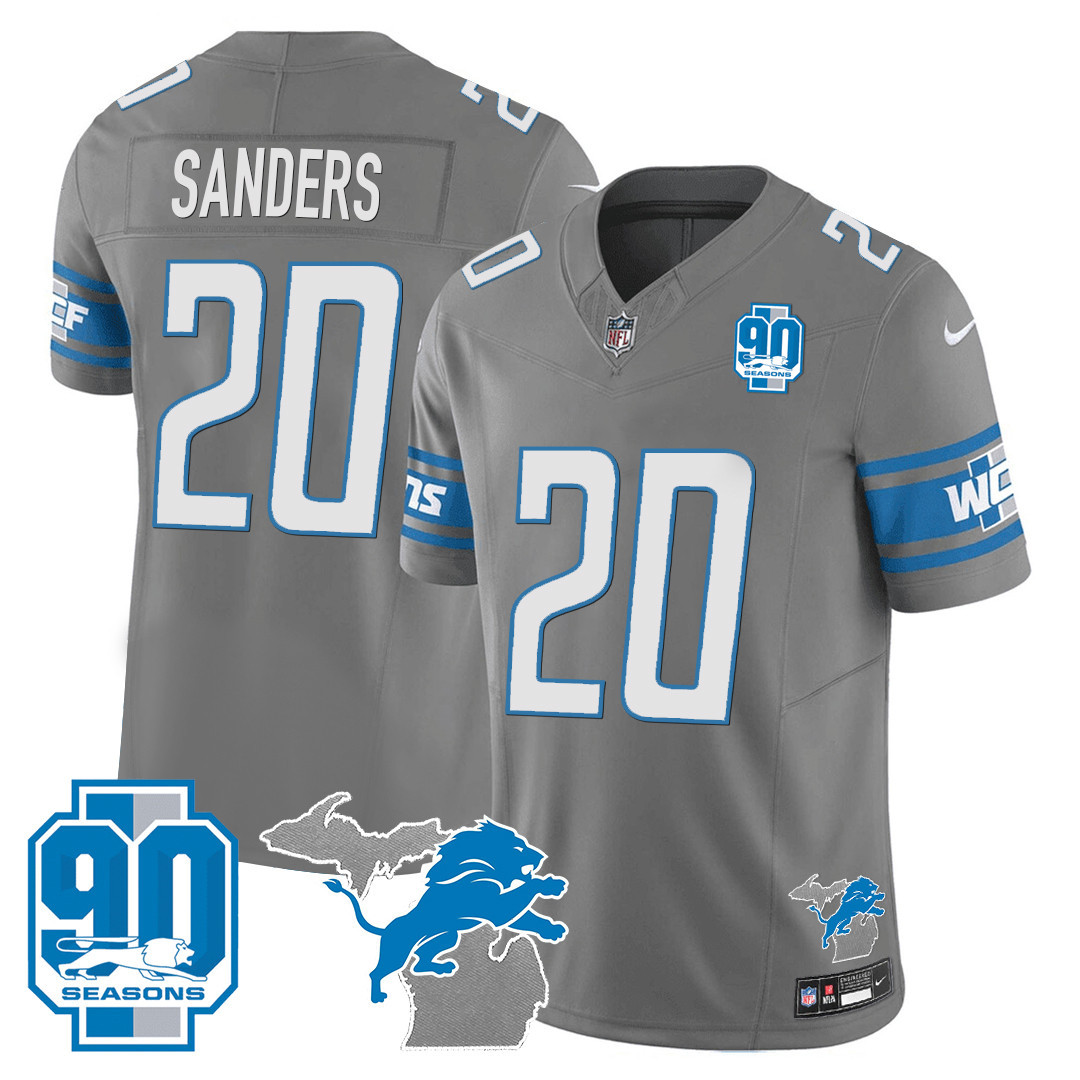 Barry Sanders Men's Detroit Lions 90th Year & Michigan Patch Vapor Gray Jersey - All Stitched