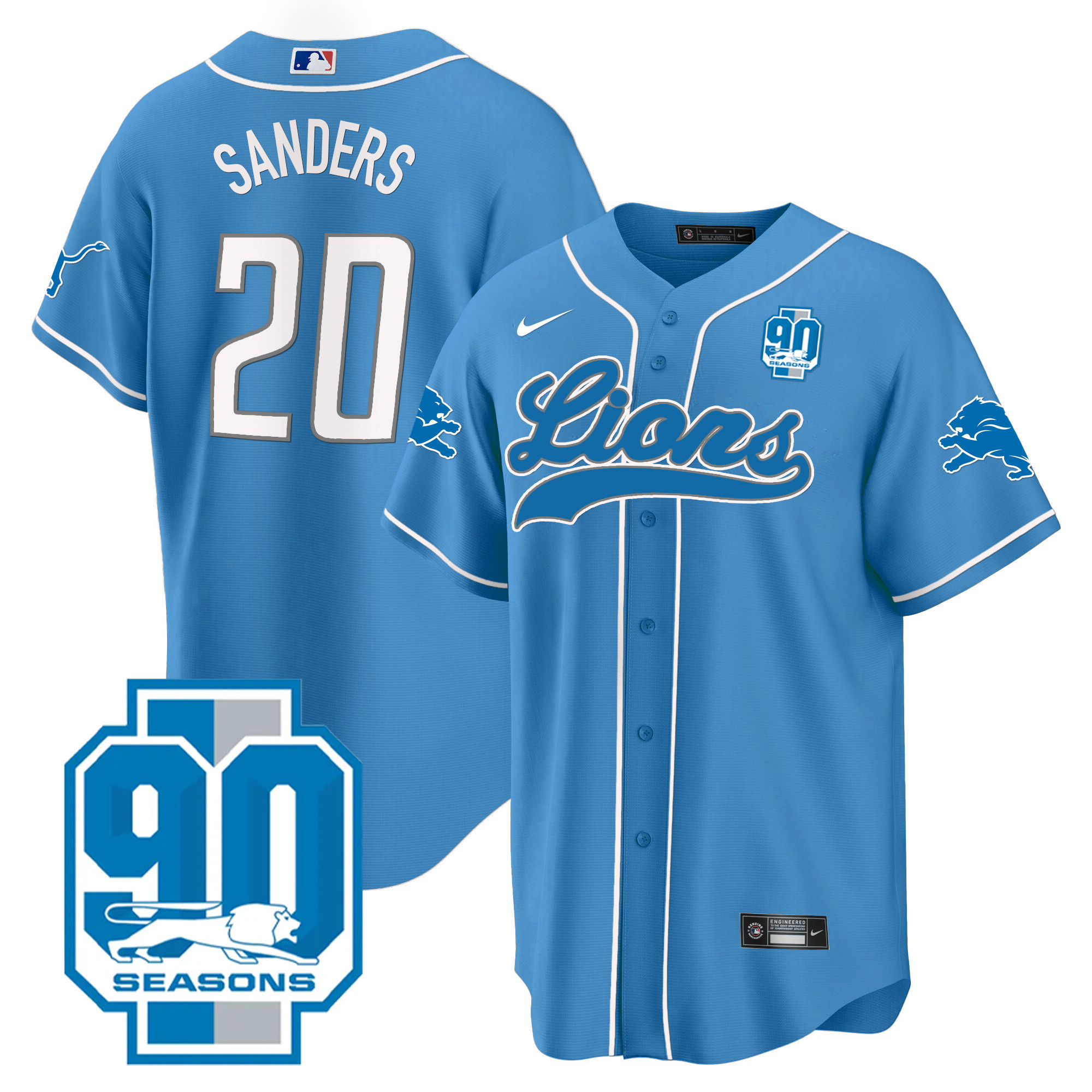 Barry Sanders Men's Detroit Lions 90th Year Patch Baseball Blue Jersey - All Stitched