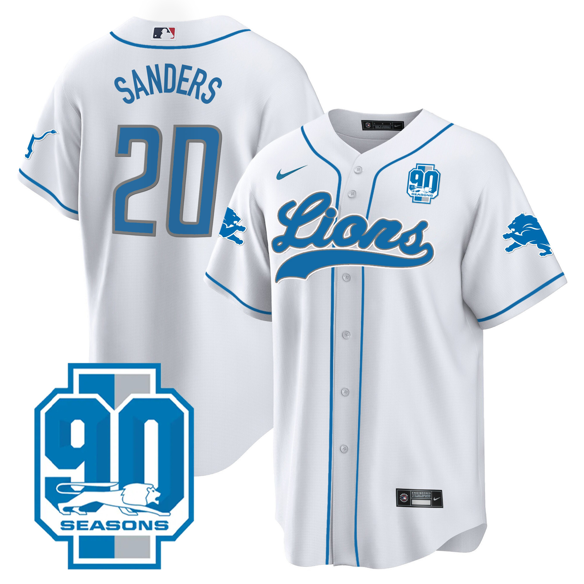 Barry Sanders Men's Detroit Lions 90th Year Patch Baseball White Jersey - All Stitched