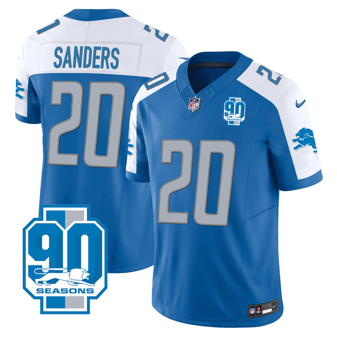 Barry Sanders Men's Detroit Lions 90th Year Patch Blue Alternate Jersey - All Stitched