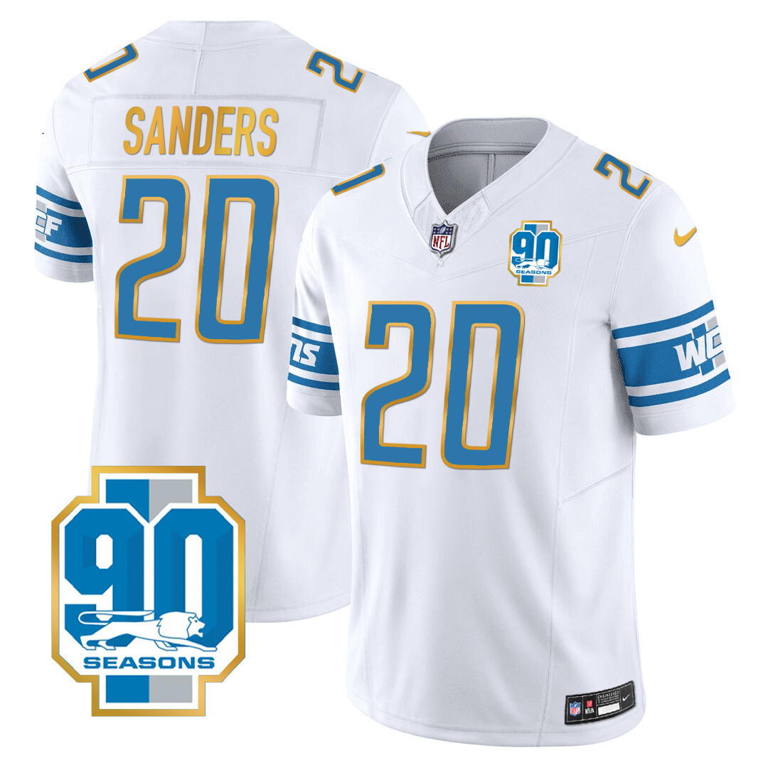 Barry Sanders Men's Detroit Lions 90th Year Patch Gold Trim White Jersey - All Stitched