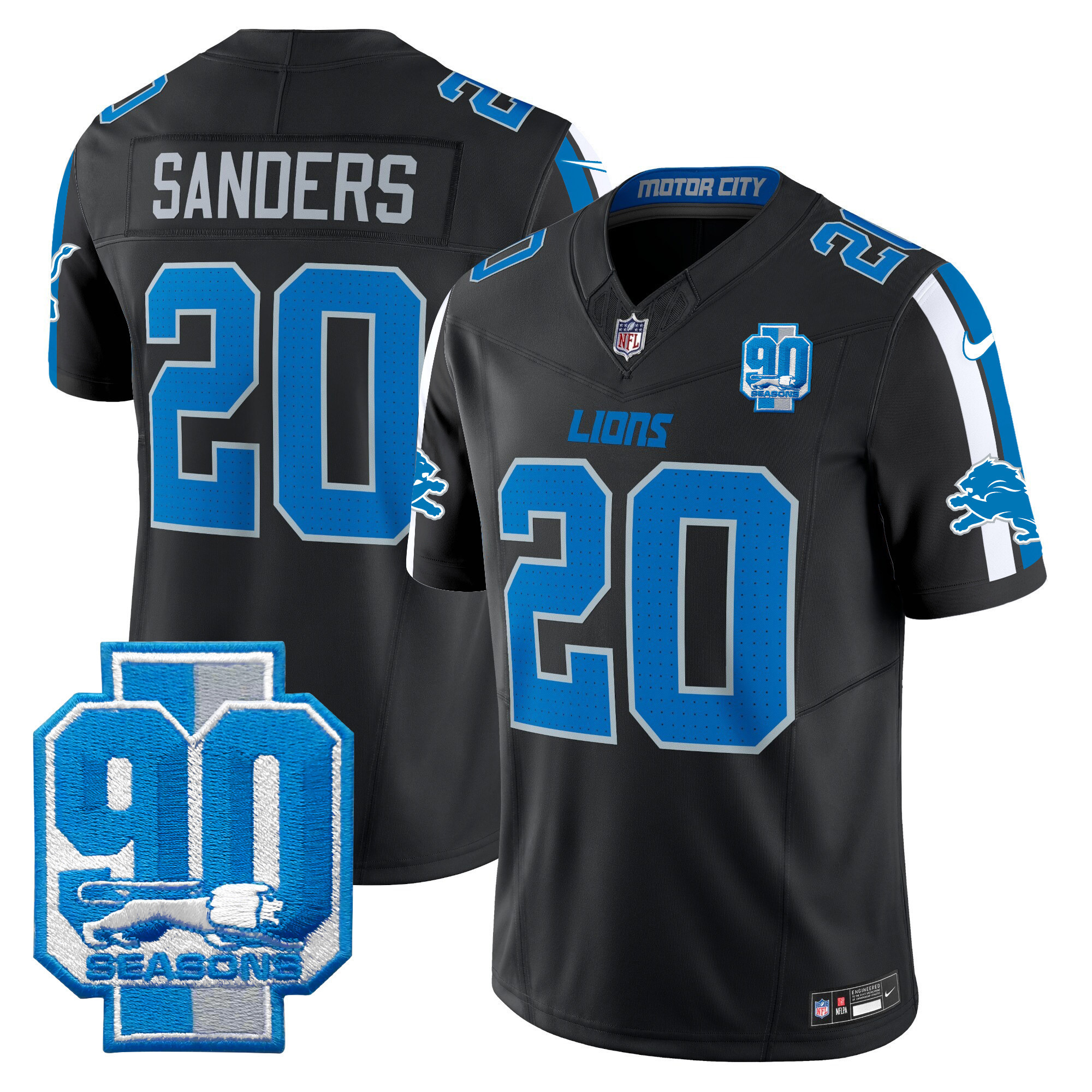 Barry Sanders Men's Detroit Lions 90th Year Patch Vapor Limited Black Jersey - All Stitched