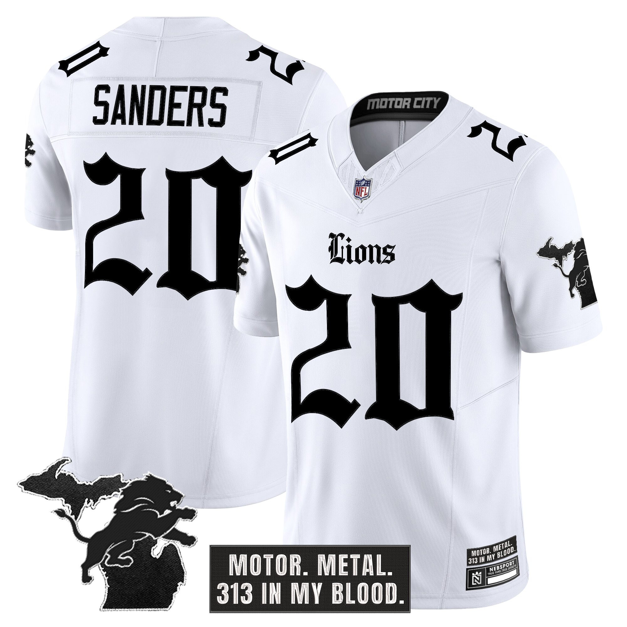 Barry Sanders Men's Detroit Lions 'Gothic Motor Grit Edition' Vapor Limited White Jersey - All Stitched