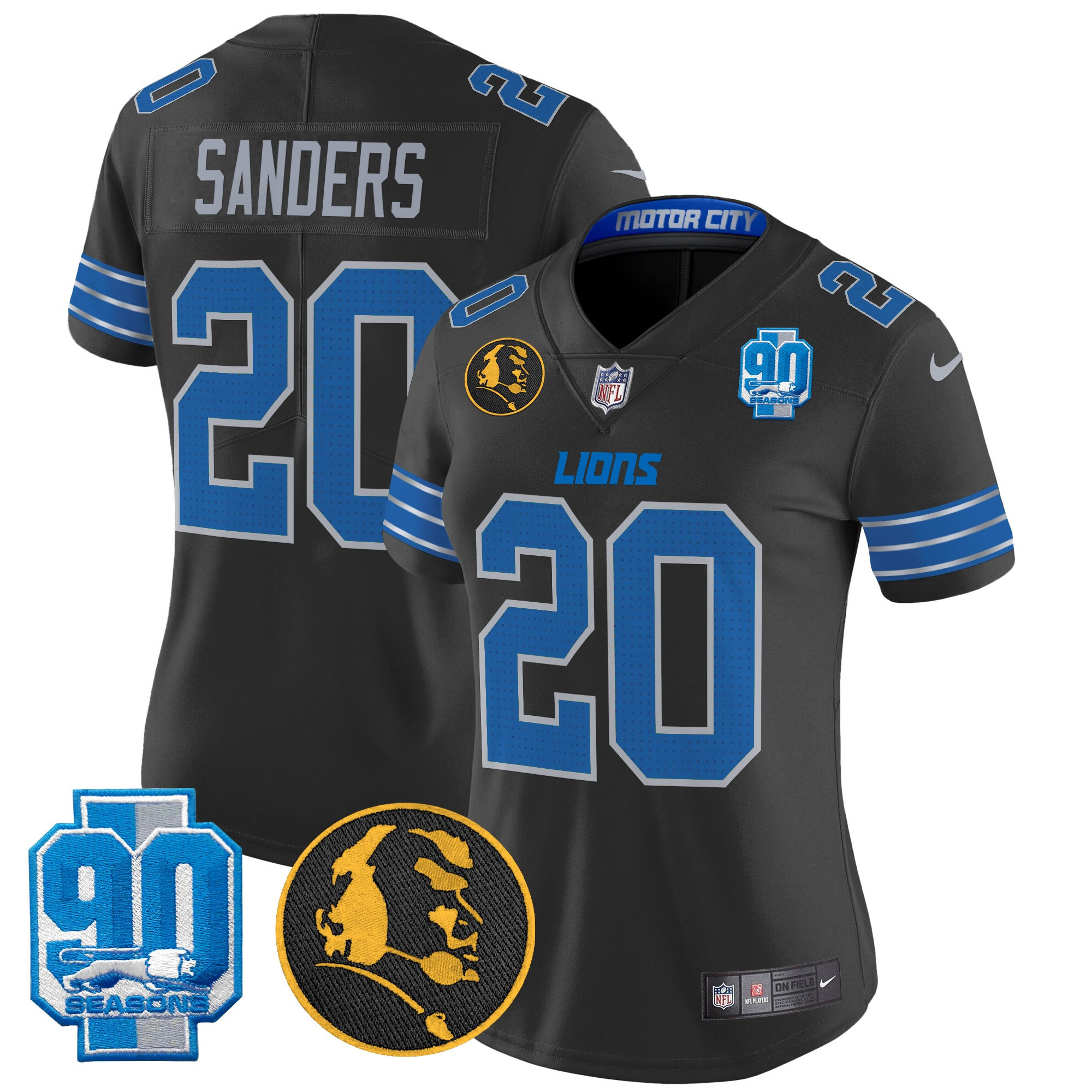 Barry Sanders Women's Detroit Lions 2024 90th & John Madden Patch Vapor Limited Black Jersey - All Stitched