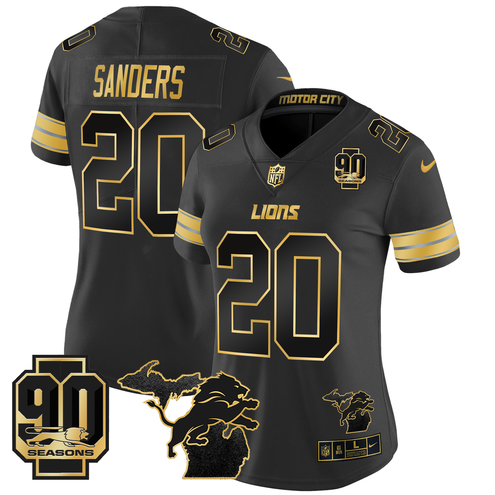 Barry Sanders Women's Detroit Lions 2024 Michigan & 90th Year Patch Gold Vapor Limited Black Gold Jersey - All Stitched