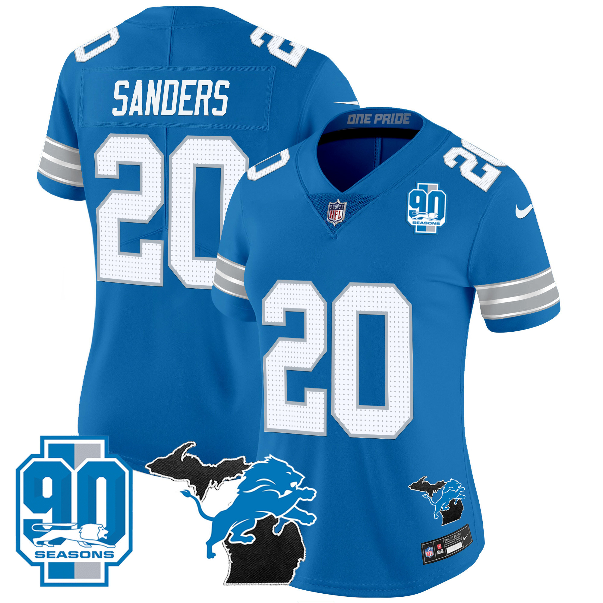 Barry Sanders Women's Detroit Lions 2024 Michigan & 90th Year Patch Vapor Blue Jersey - All Stitched