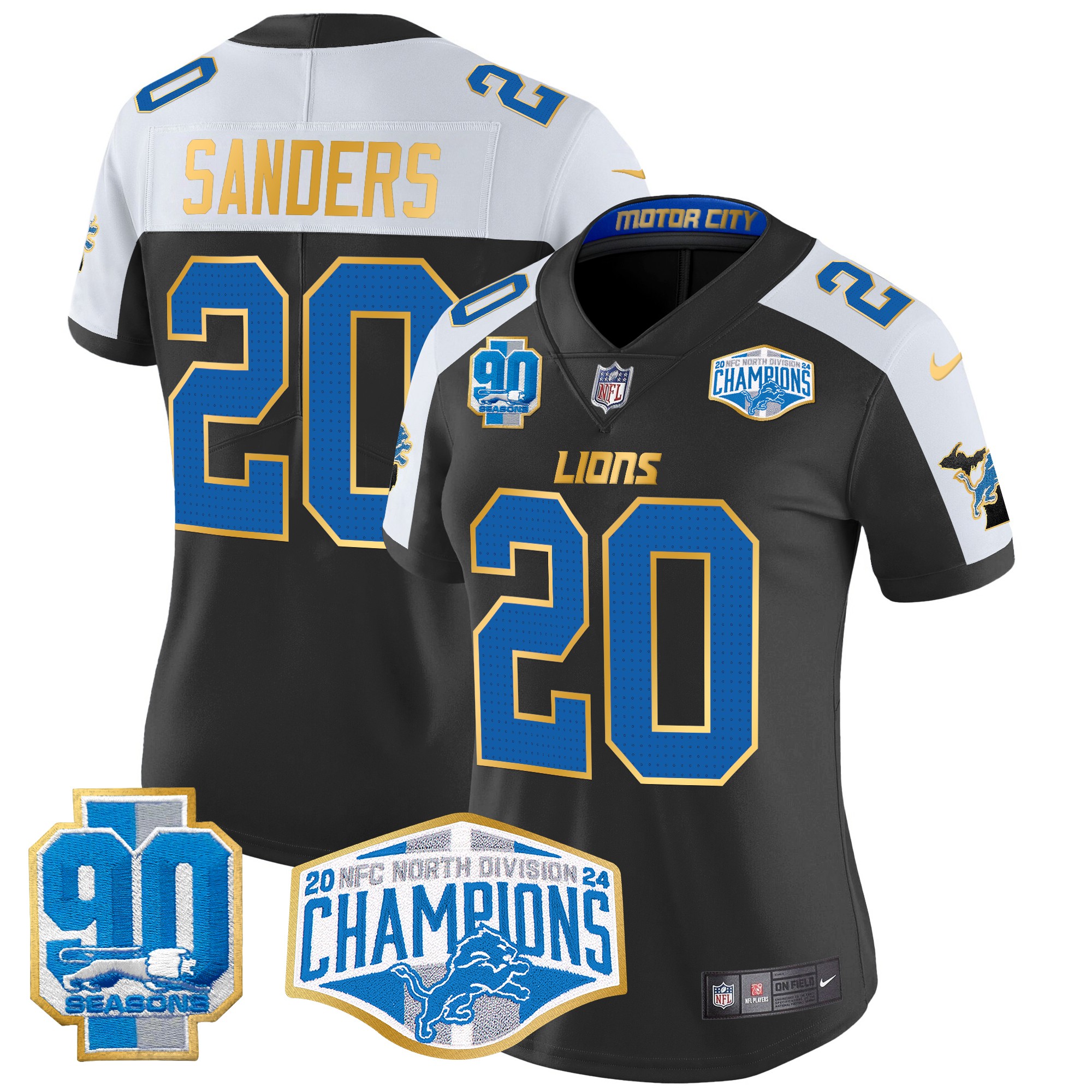 Barry Sanders Women's Detroit Lions 2024 NFC North Division Champions Patch Gold Trim Vapor Limited Black Alternate Jersey - All Stitched