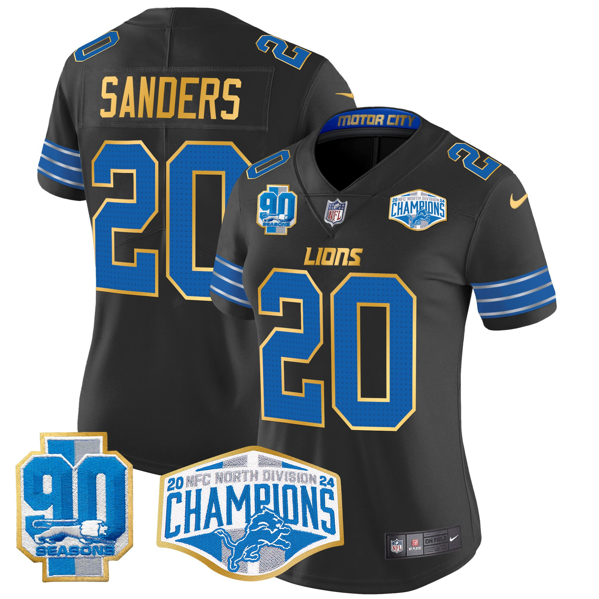 Barry Sanders Women's Detroit Lions 2024 NFC North Division Champions Patch Gold Trim Vapor Limited Black Jersey - All Stitched