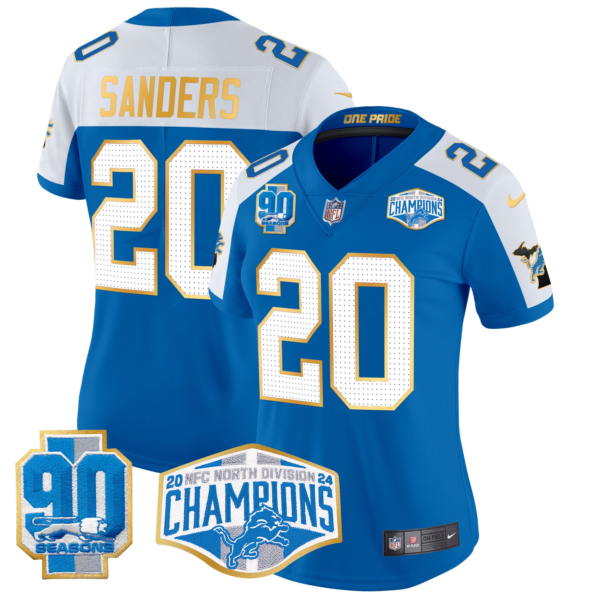 Barry Sanders Women's Detroit Lions 2024 NFC North Division Champions Patch Gold Trim Vapor Limited Blue Alternate Jersey - All Stitched