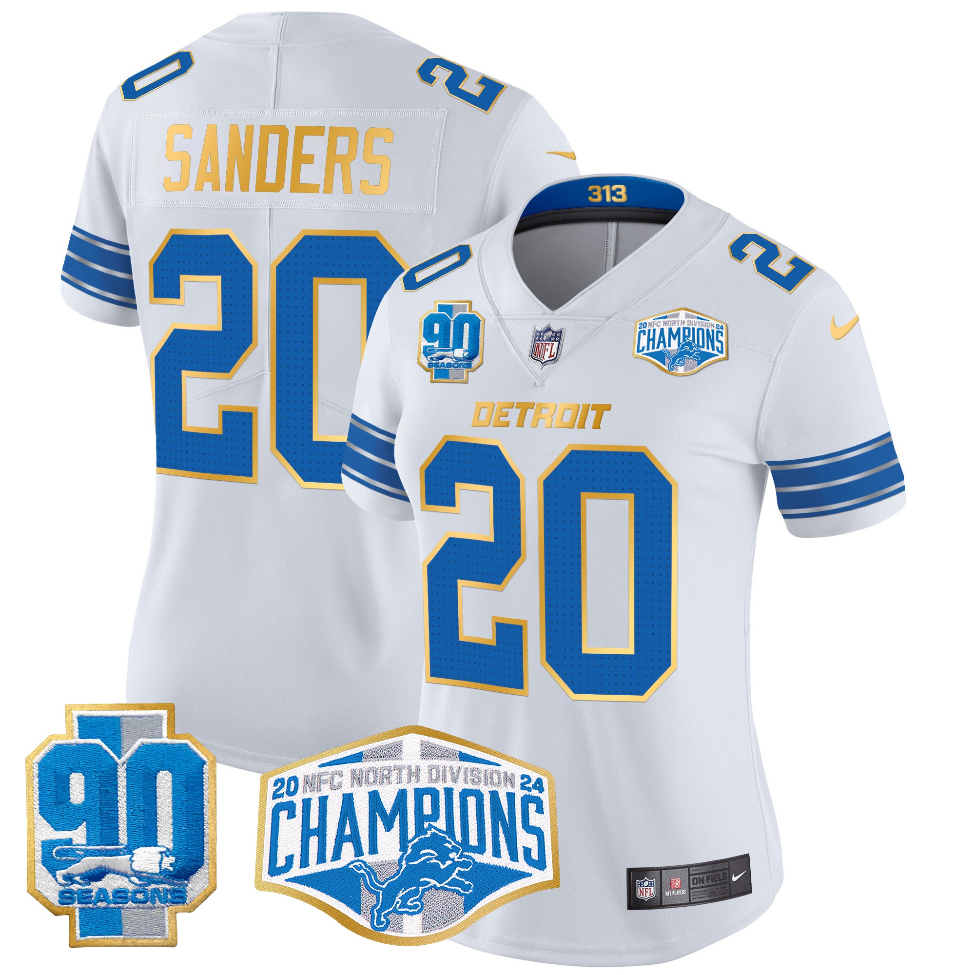 Barry Sanders Women's Detroit Lions 2024 NFC North Division Champions Patch Gold Trim Vapor Limited White Jersey - All Stitched