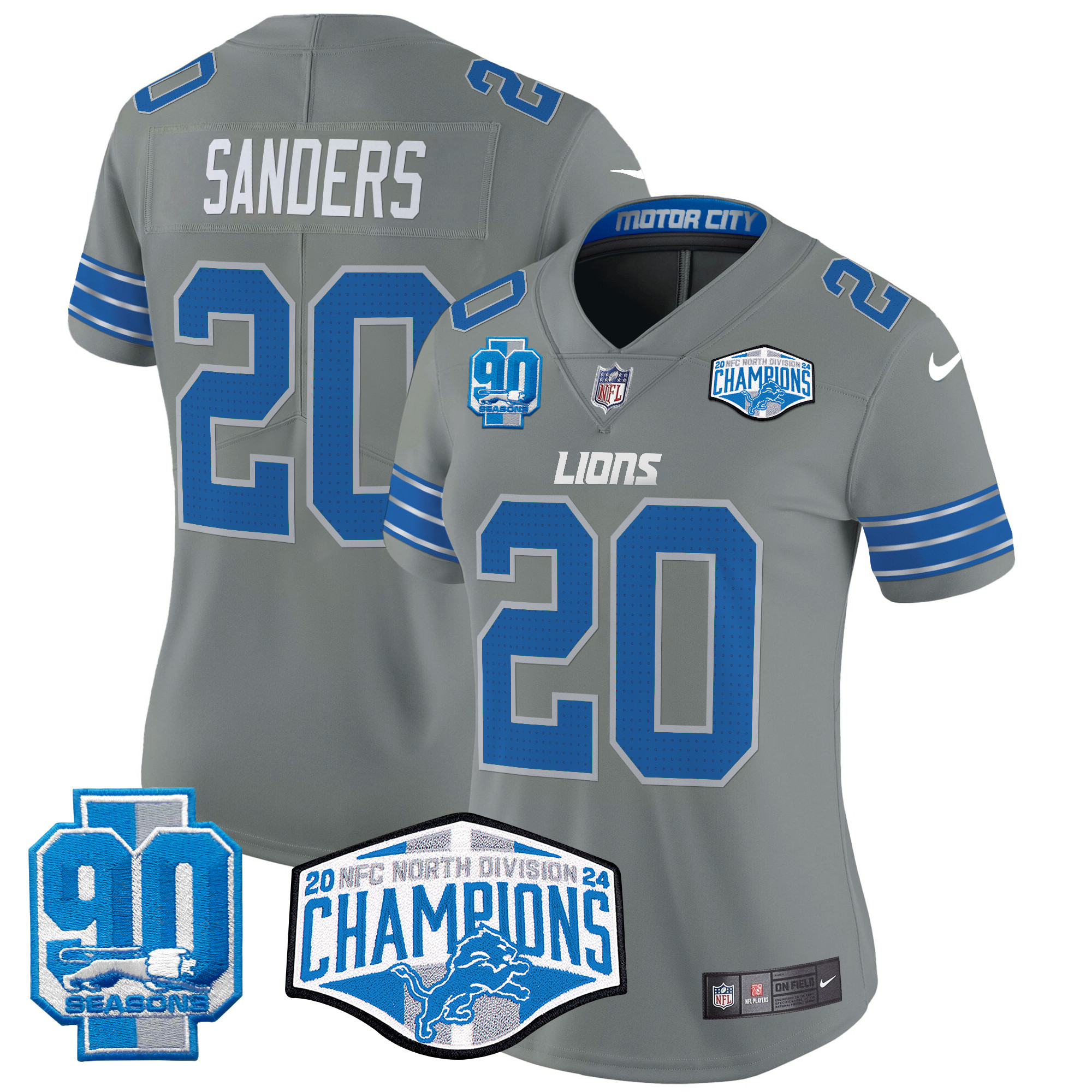 Barry Sanders Women's Detroit Lions 2024 NFC North Division Champions Patch Vapor Limited Gray Jersey - All Stitched