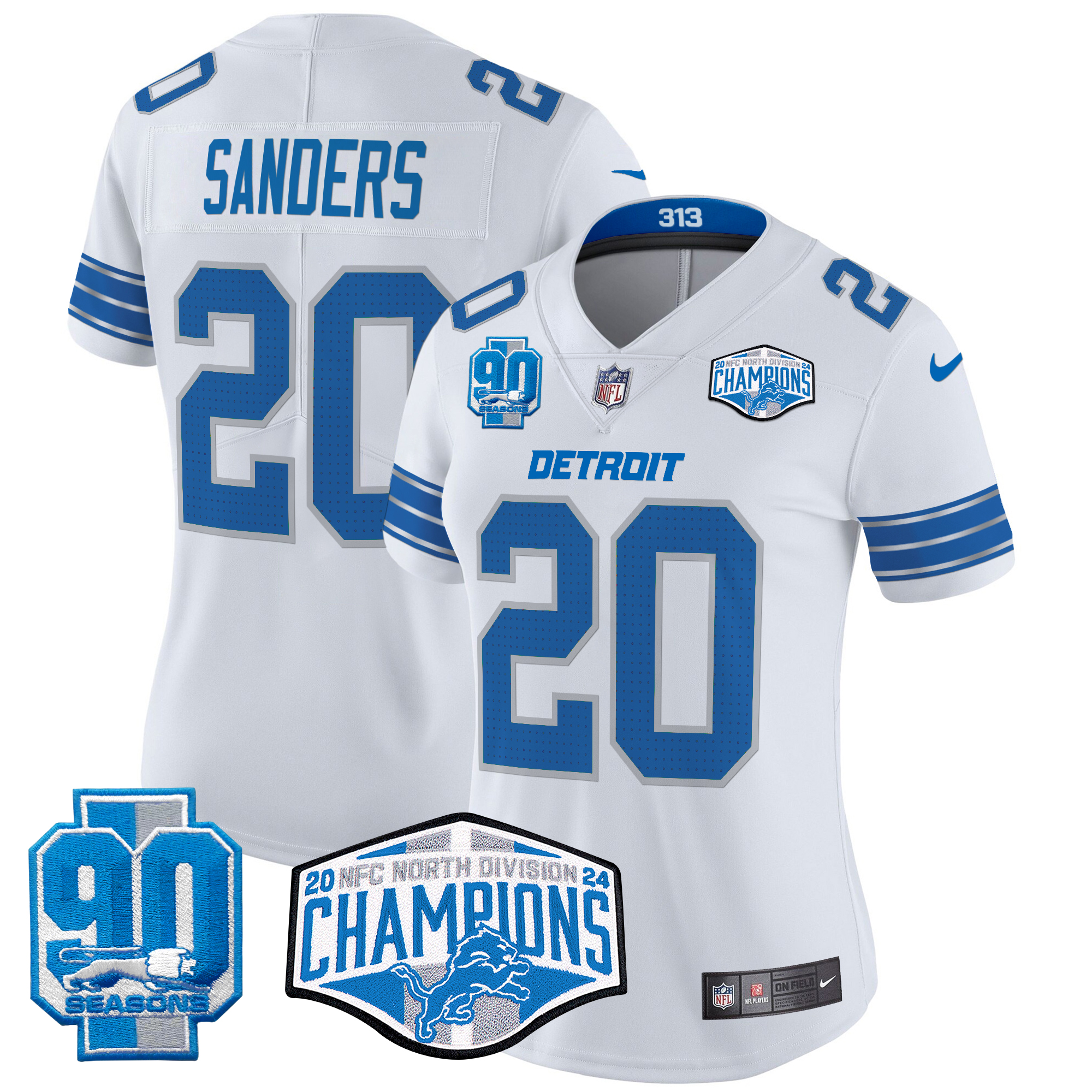 Barry Sanders Women's Detroit Lions 2024 NFC North Division Champions Patch Vapor Limited White Jersey - All Stitched