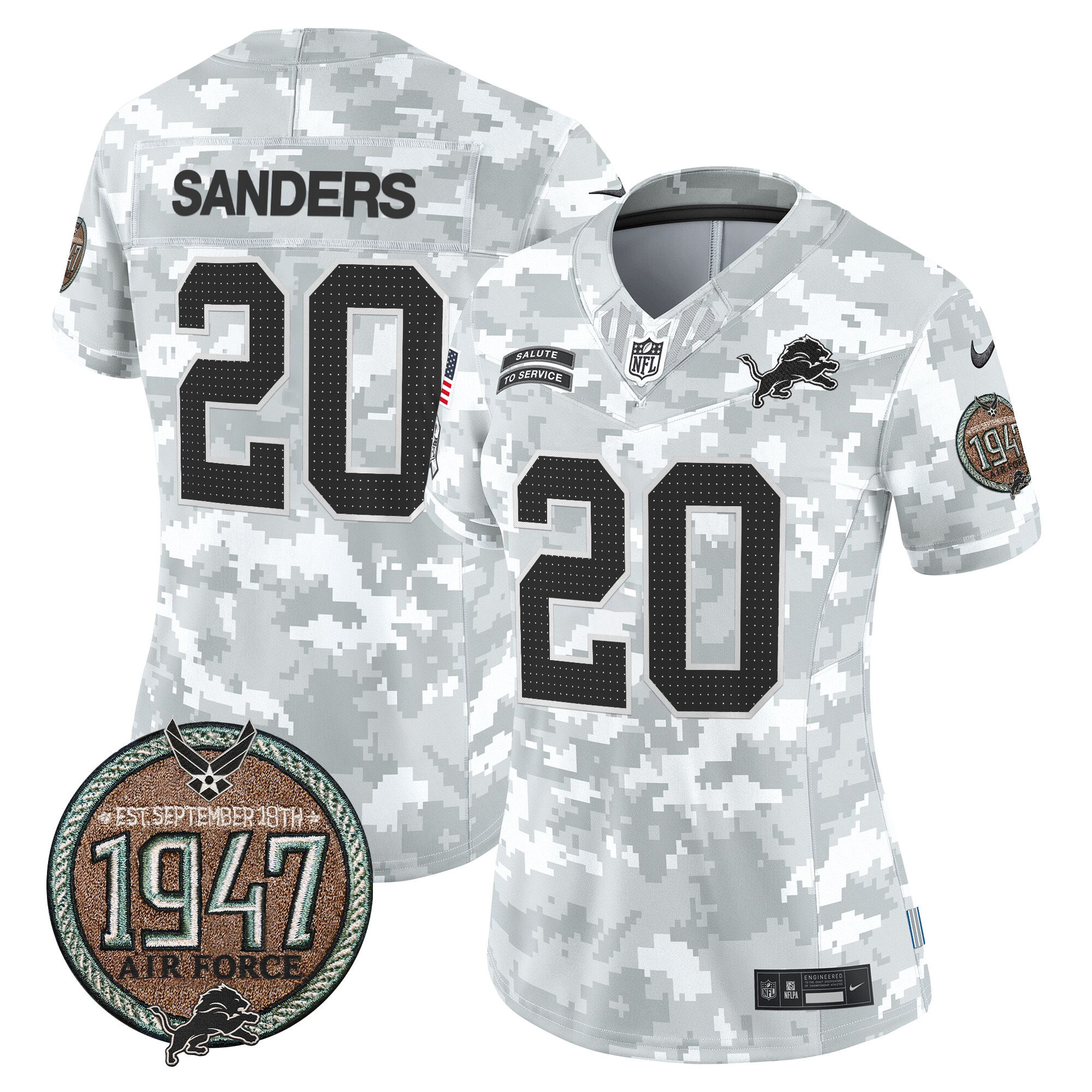 Barry Sanders Women's Detroit Lions 2024 Salute to Service Establishment Year Patch Vapor Limited Air Force Jersey - All Stitched