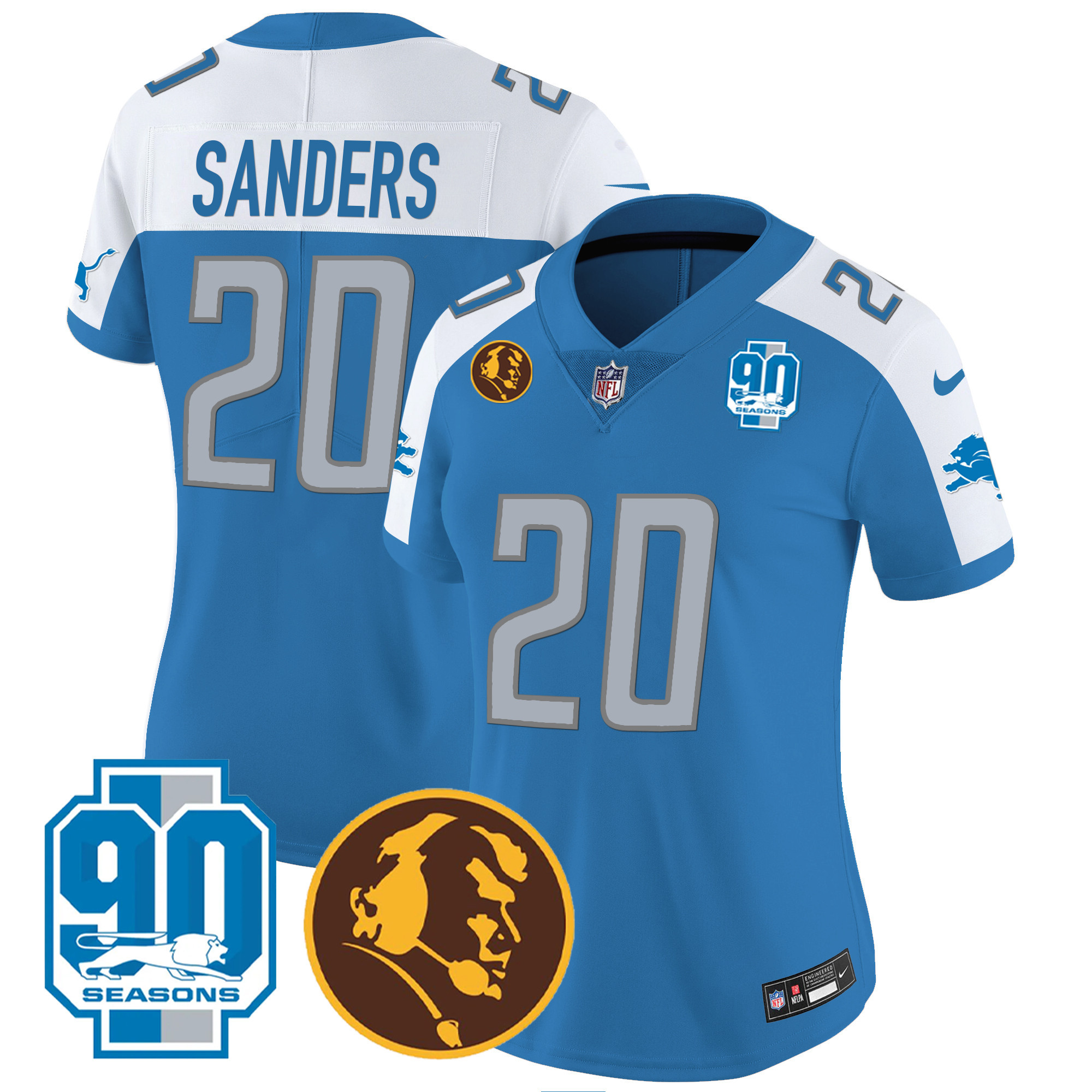 Barry Sanders Women's Detroit Lions 90th & John Madden Patch Blue Alternate Jersey - All Stitched