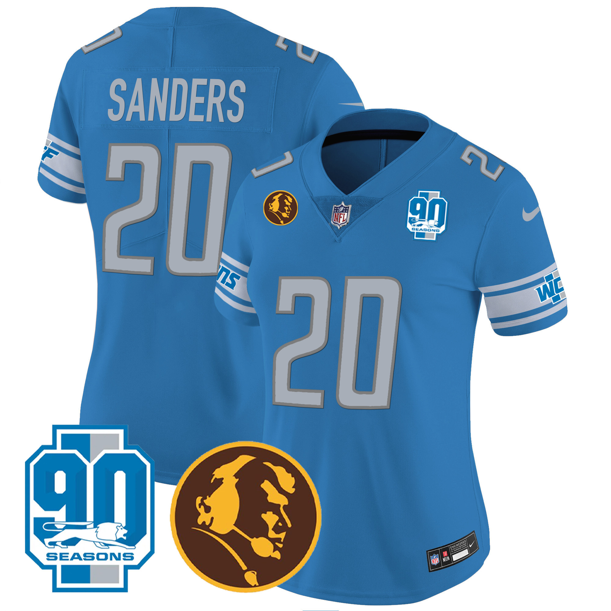 Barry Sanders Women's Detroit Lions 90th & John Madden Patch Blue Jersey - All Stitched