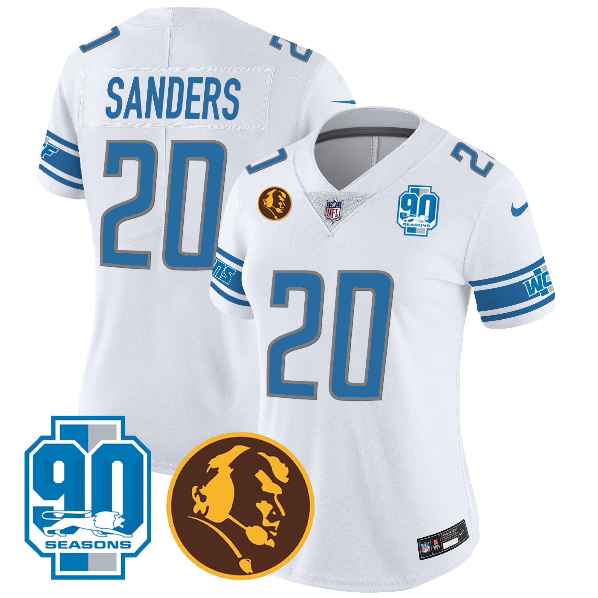 Barry Sanders Women's Detroit Lions 90th & John Madden Patch White Jersey - All Stitched
