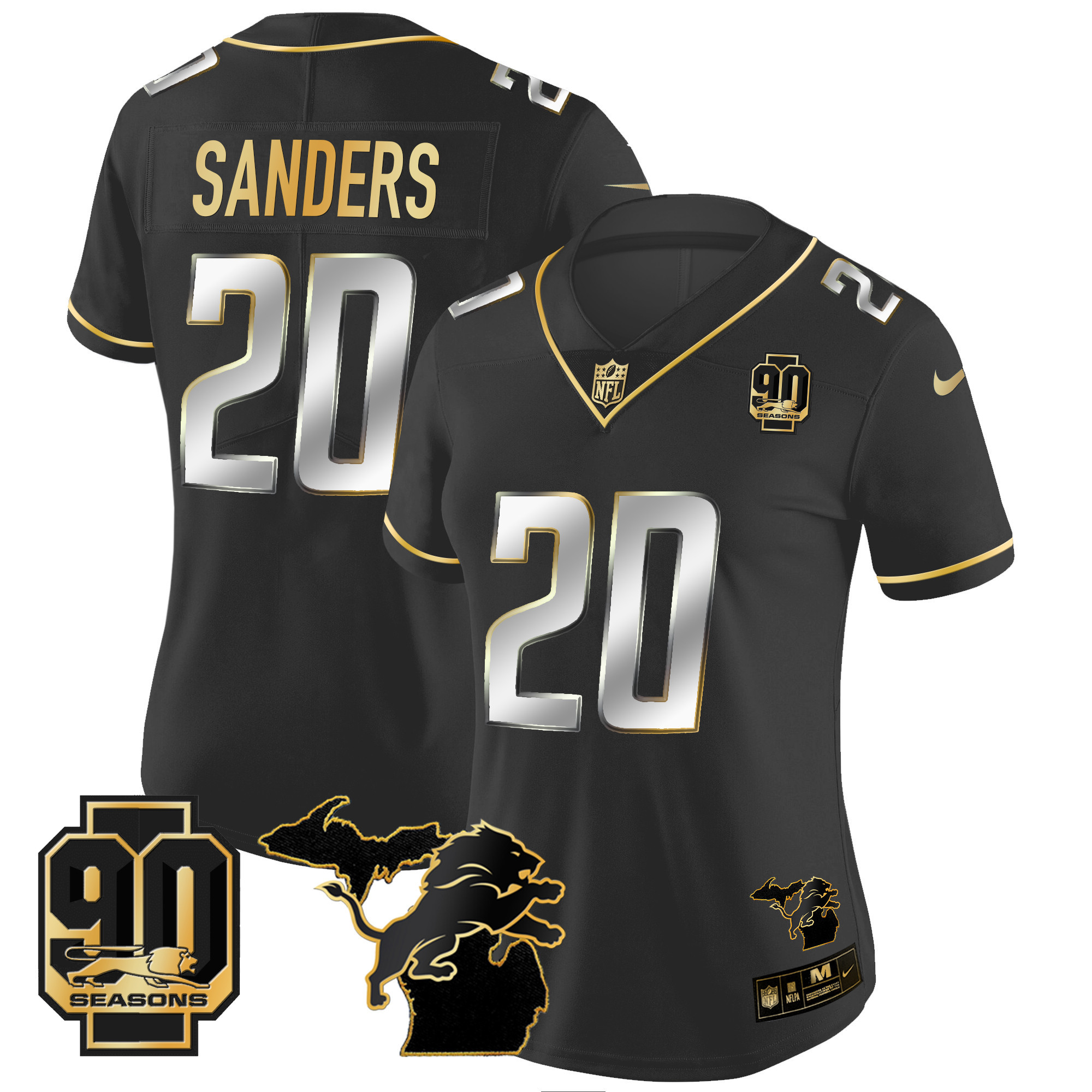 Barry Sanders Women's Detroit Lions 90th Year & Michigan Patch Gold Vapor Black Limited Jersey - All Stitched
