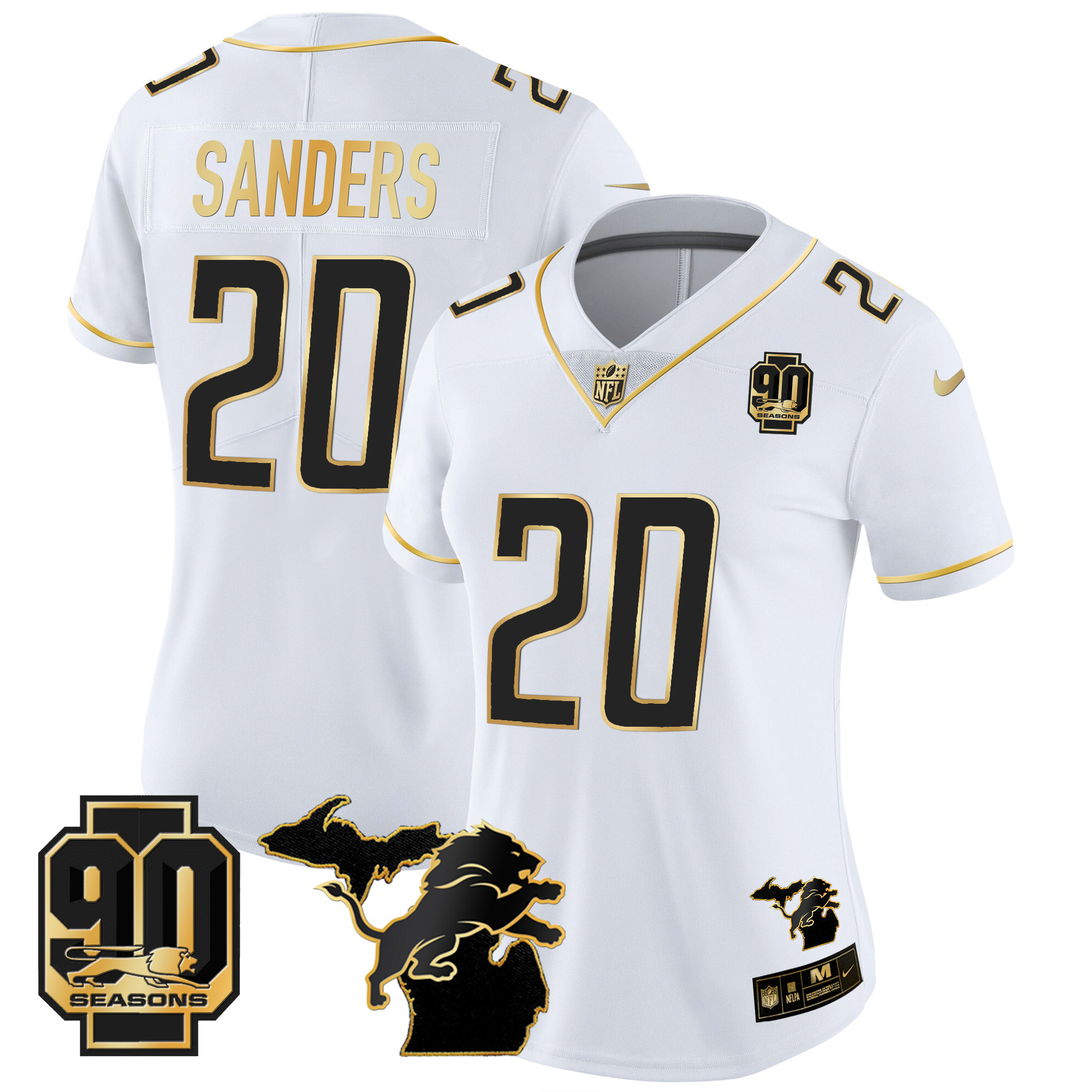 Barry Sanders Women's Detroit Lions 90th Year & Michigan Patch Gold Vapor White Gold Jersey - All Stitched