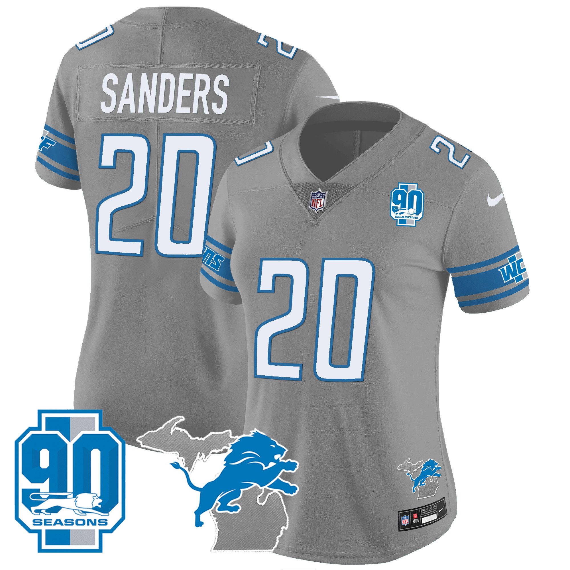 Barry Sanders Women's Detroit Lions 90th Year & Michigan Patch Vapor Gray Jersey - All Stitched