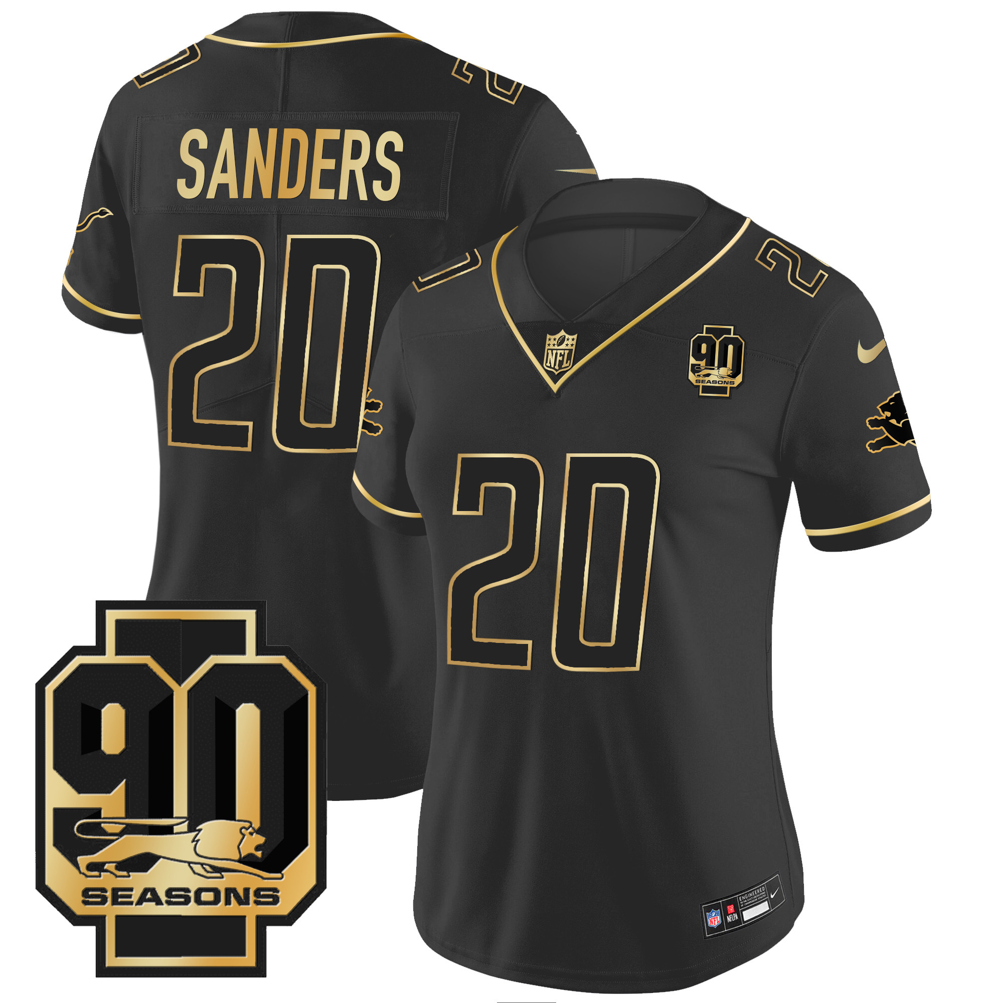 Barry Sanders Women's Detroit Lions 90th Year Patch Gold Black Gold Jersey - All Stitched