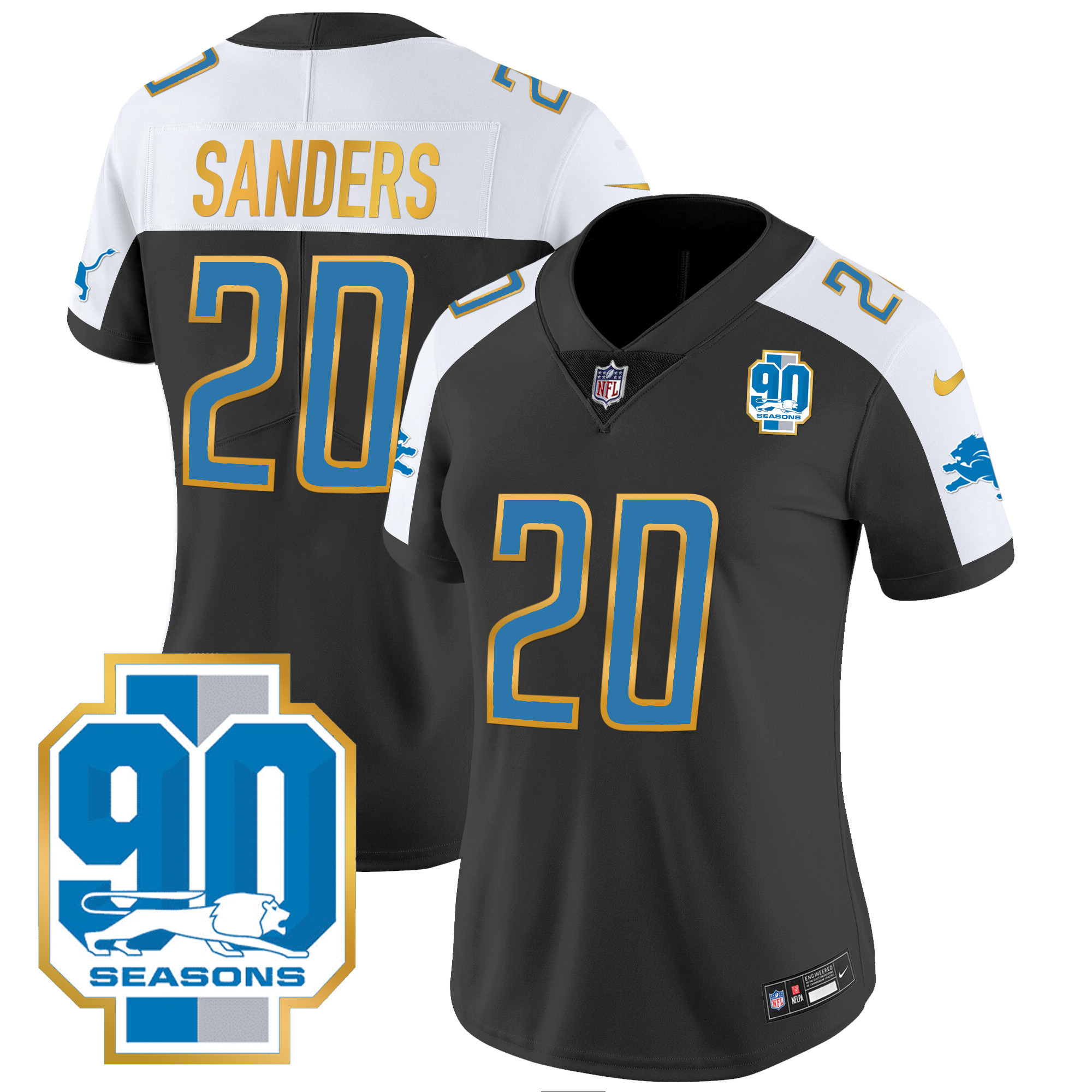 Barry Sanders Women's Detroit Lions 90th Year Patch Gold Trim Black Alternate Jersey - All Stitched