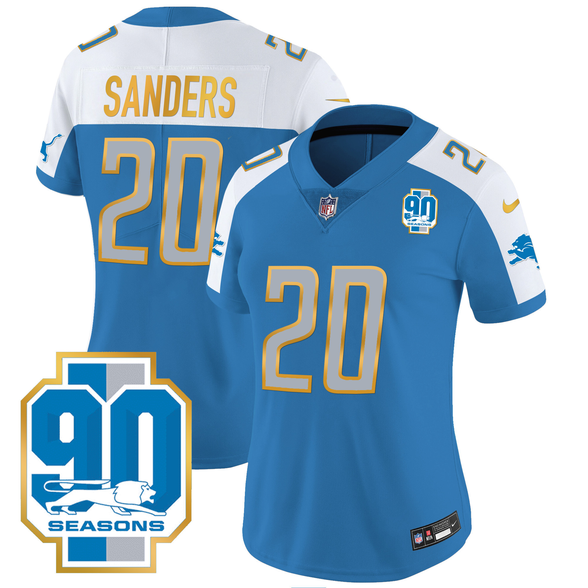 Barry Sanders Women's Detroit Lions 90th Year Patch Gold Trim Blue Alternate Jersey - All Stitched