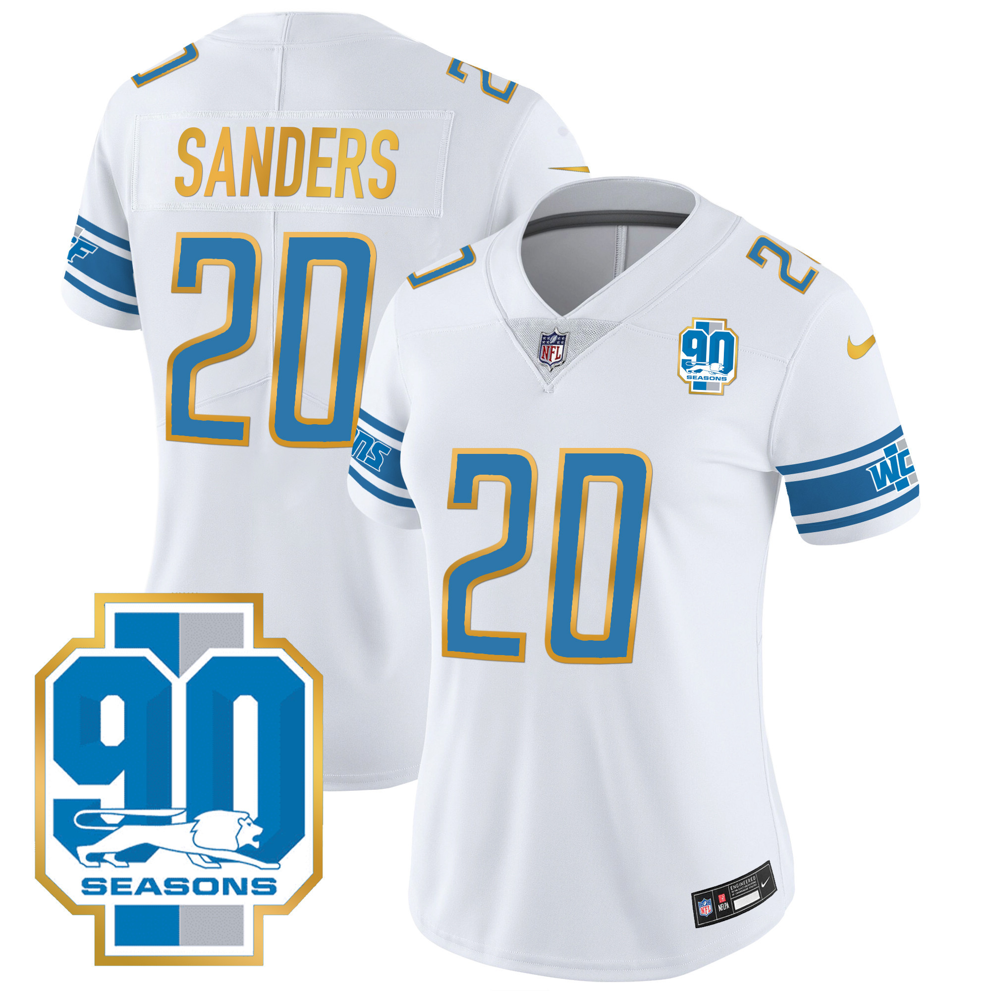 Barry Sanders Women's Detroit Lions 90th Year Patch Gold Trim White Jersey - All Stitched