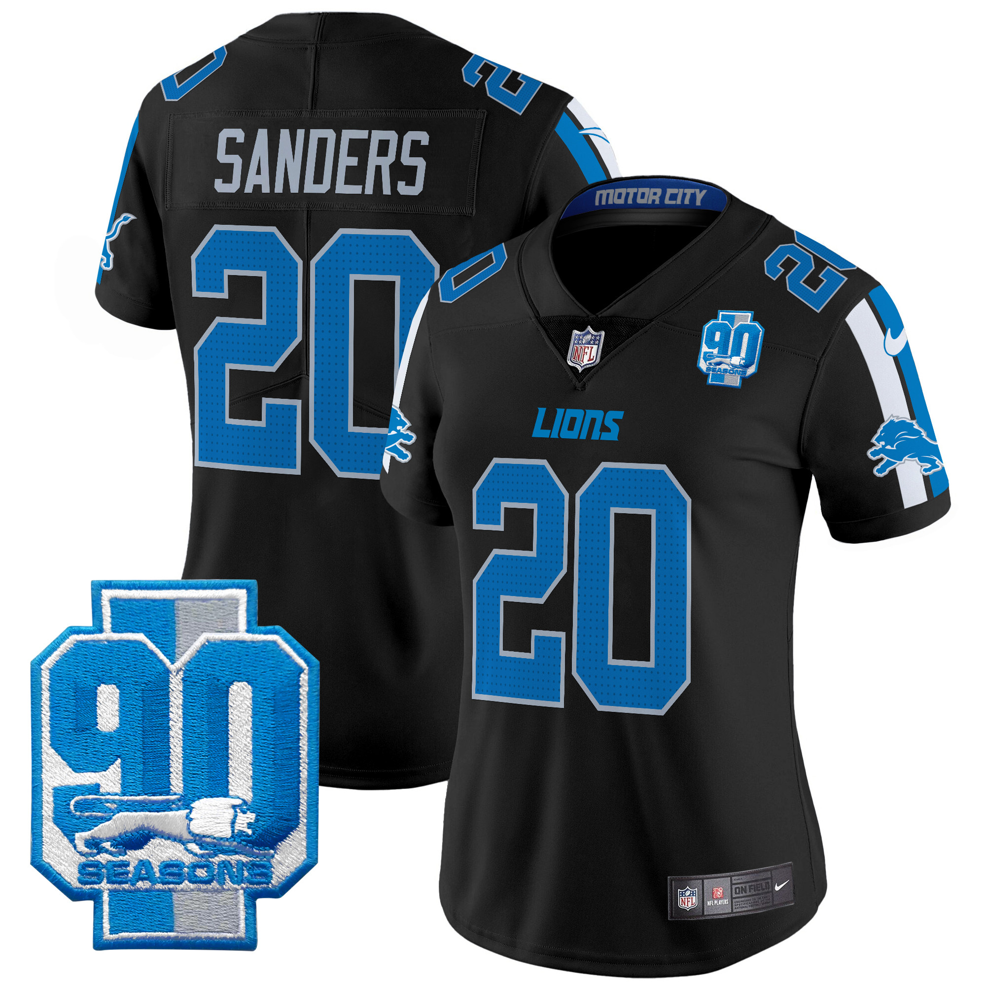 Barry Sanders Women's Detroit Lions 90th Year Patch Vapor Limited Black Jersey - All Stitched